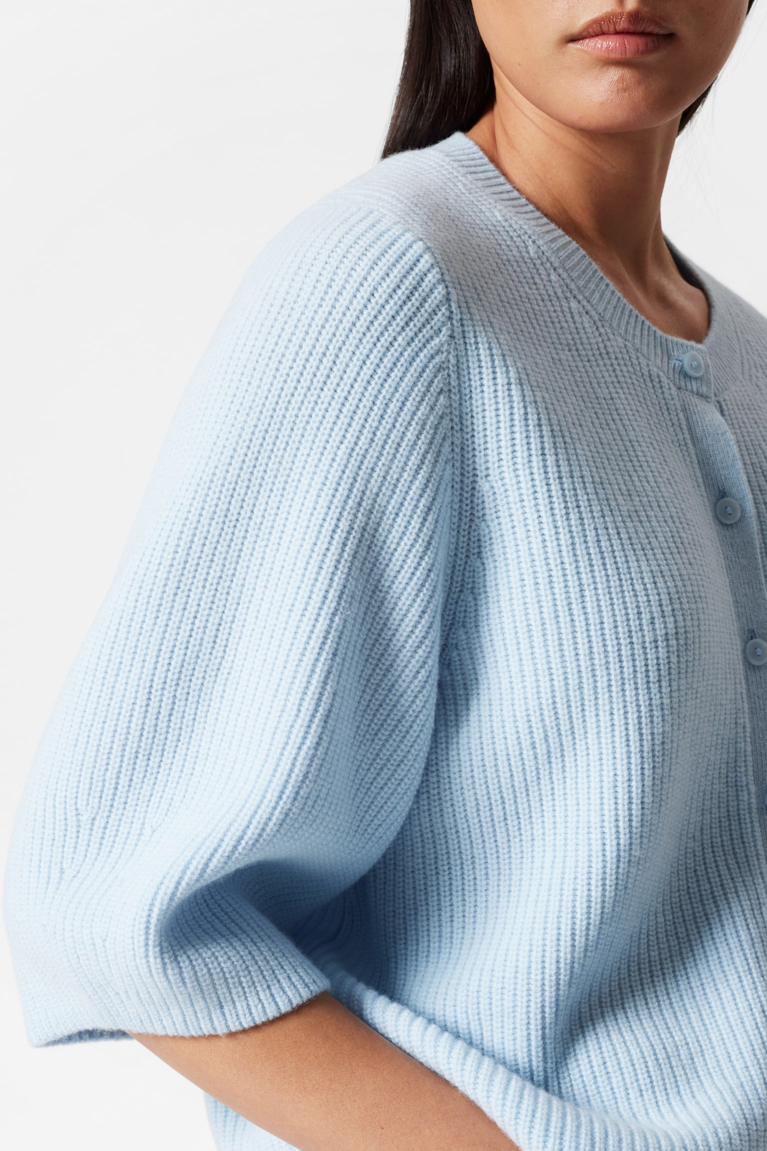 Merino Rib-Knit Cardigan - Light Blue/White/Mole - 5