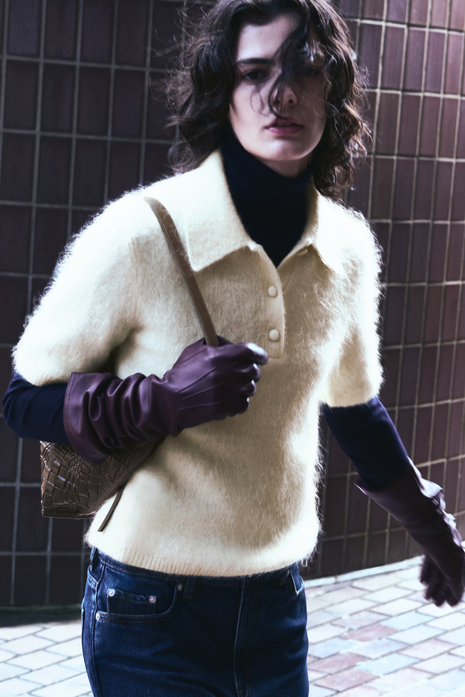 T-shirt polo en maille brossée - Jaune clair/Marron foncé/Gris foncé - 3