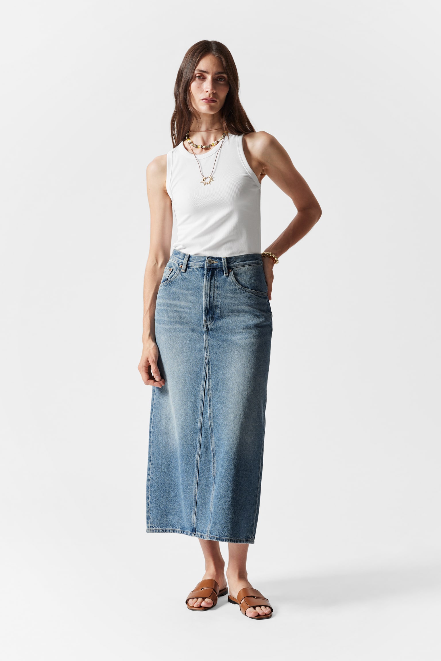 Denim Midi Skirt - Mid Blue - 1