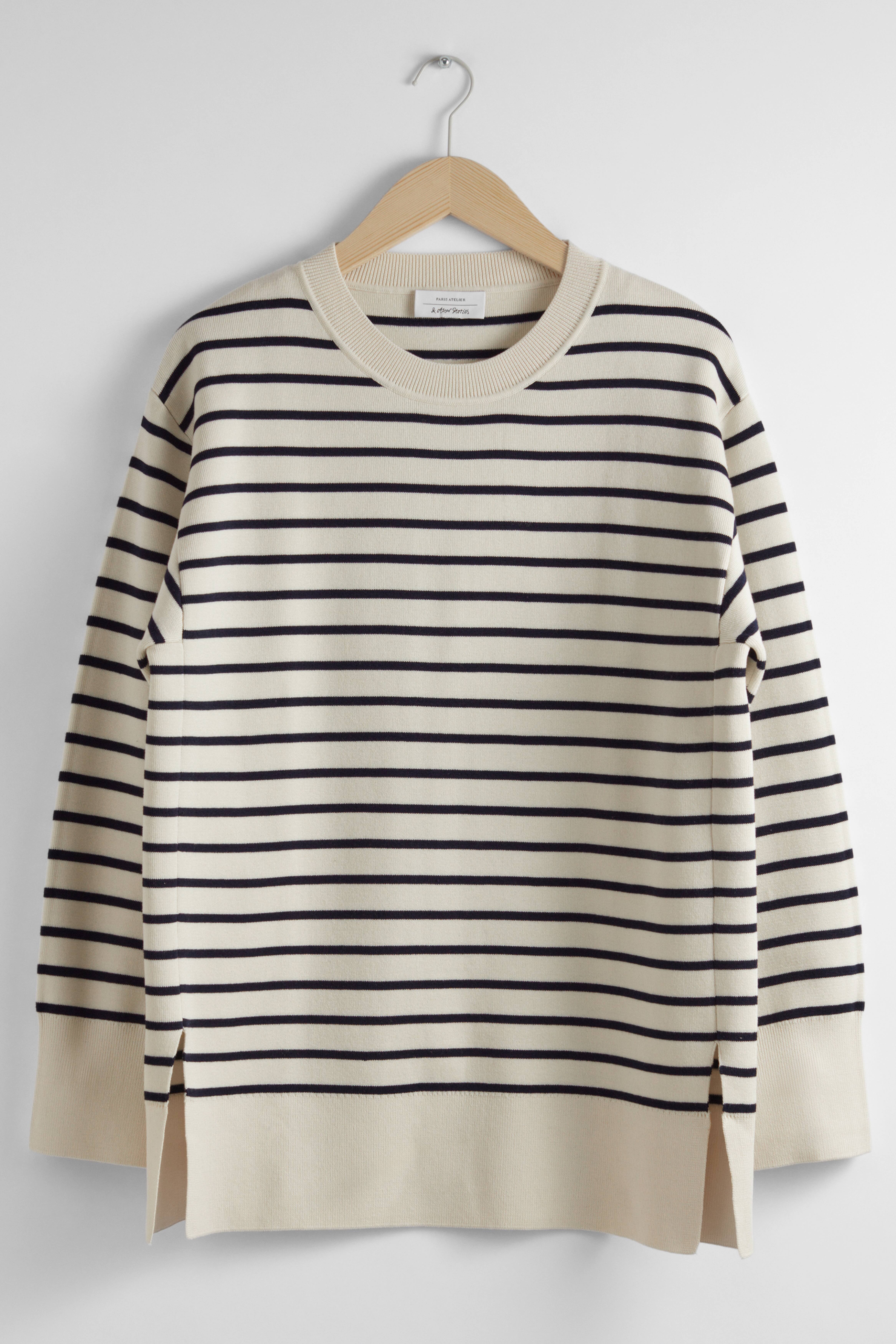 Gestreifter Pullover - Rundausschnitt - Langarm - Marineblau/Weiß 