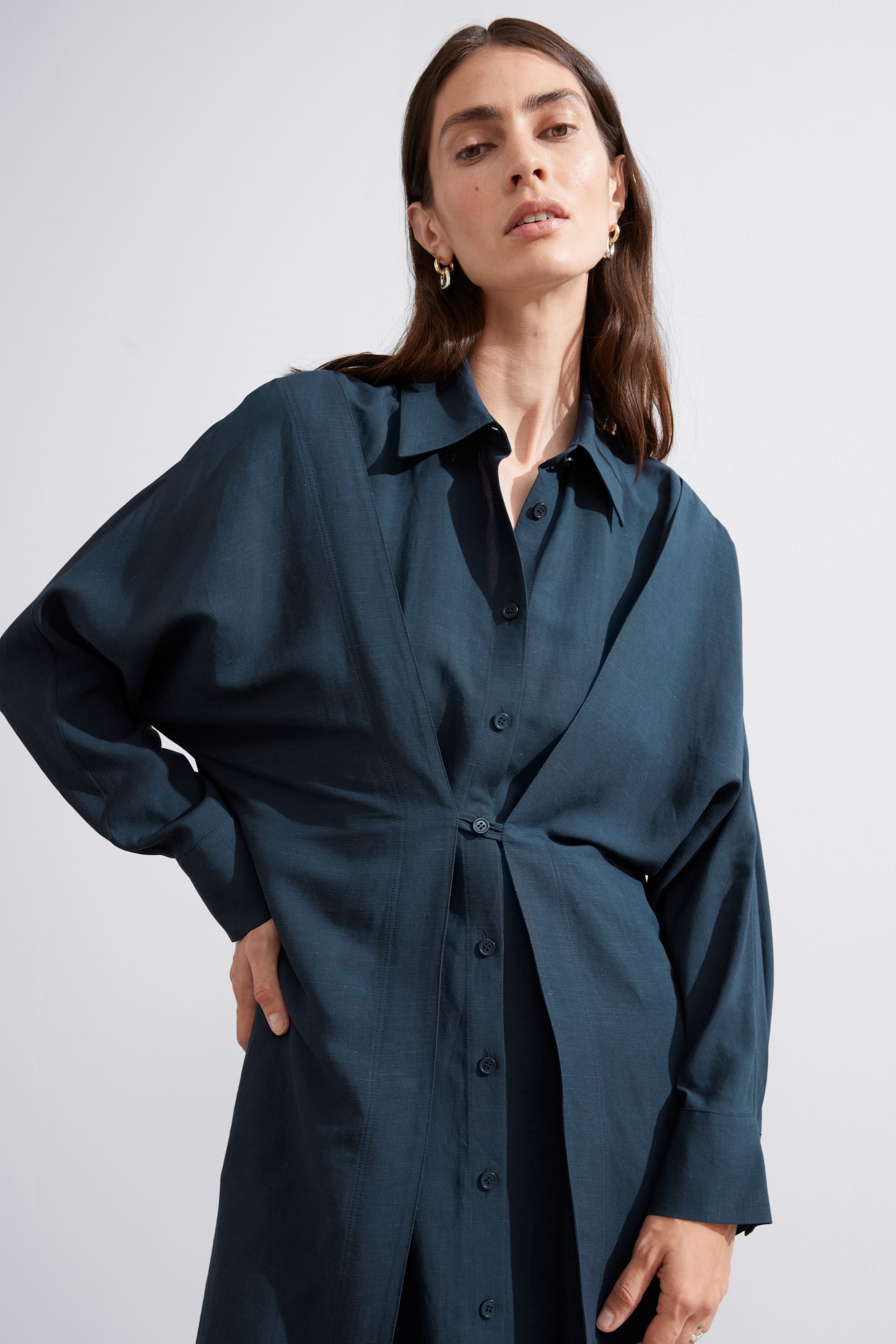 Adjustable Shirt Midi Dress - Navy - 3