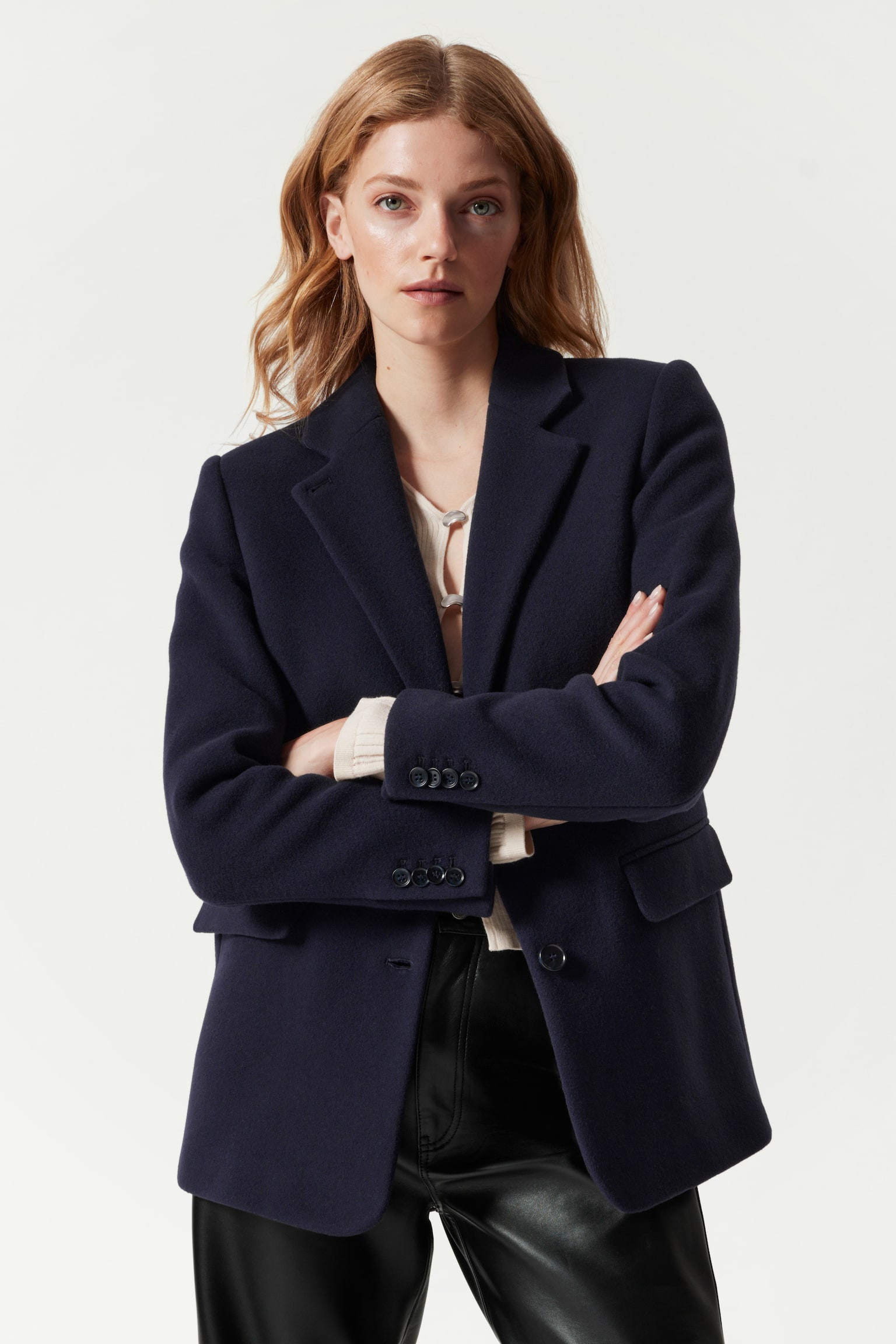 Oversized Wool Blazer - Navy/Black/Beige - 3