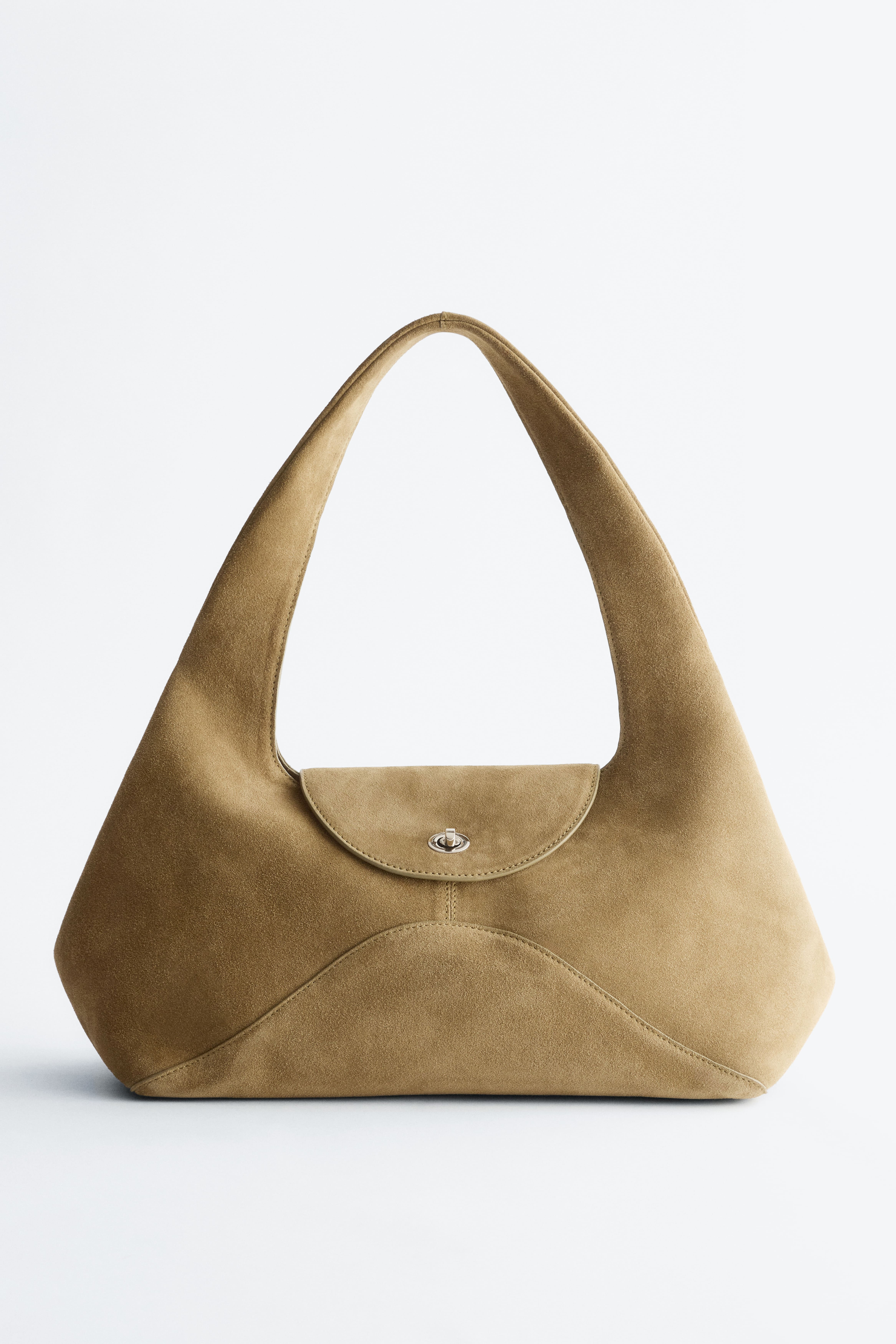 Gebogen schoudertas - Kakigroen suède/Donkerbruin leer