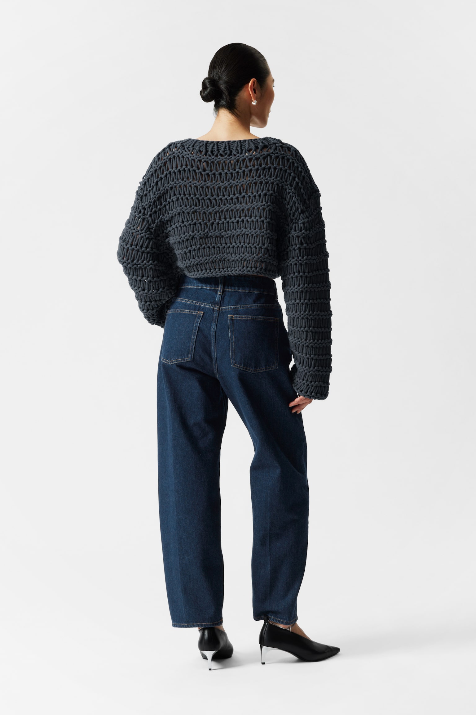 Cropped Open-Stitch Jumper - Navy - 5