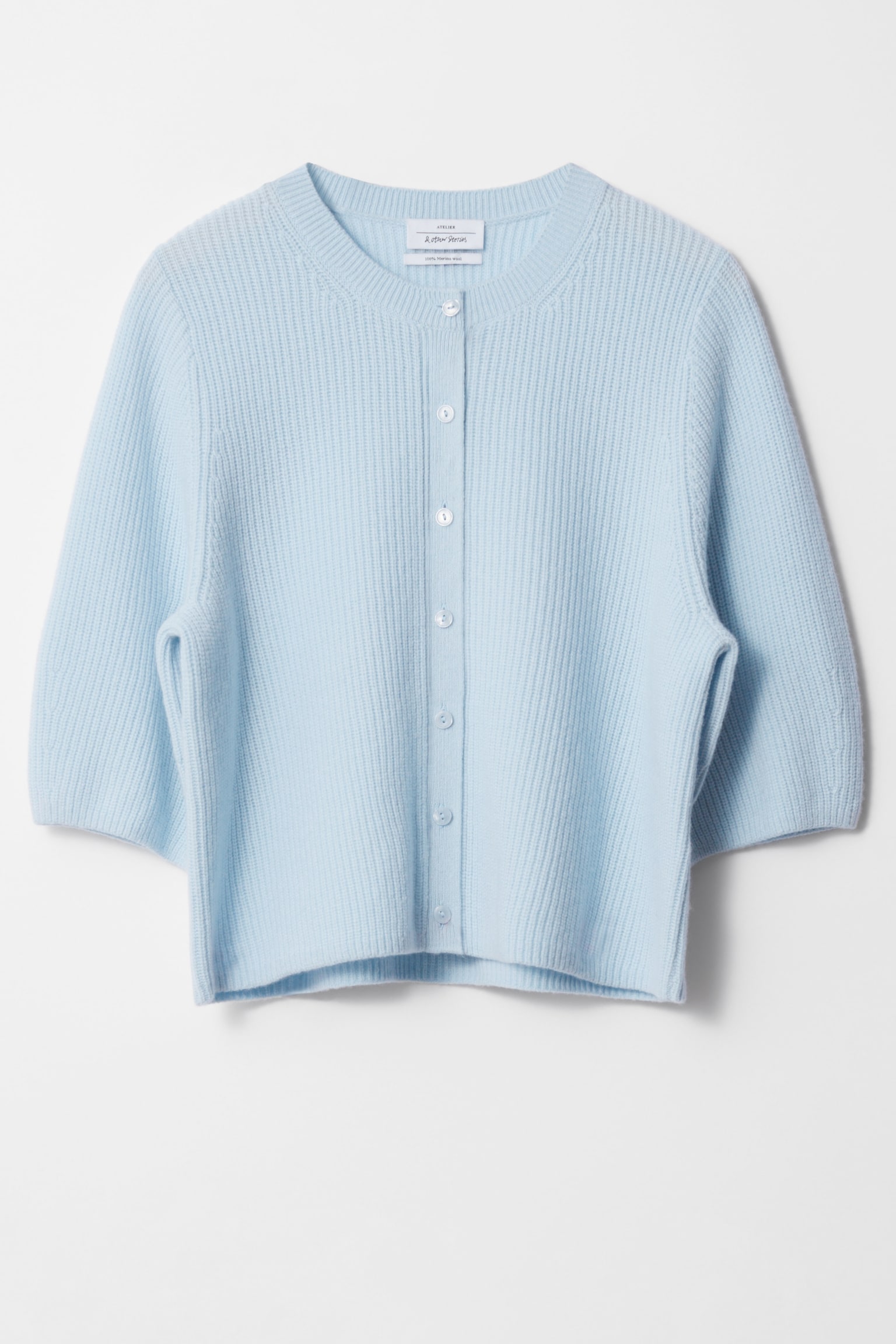 Merino Rib-Knit Cardigan - Light Blue/White/Mole - 2