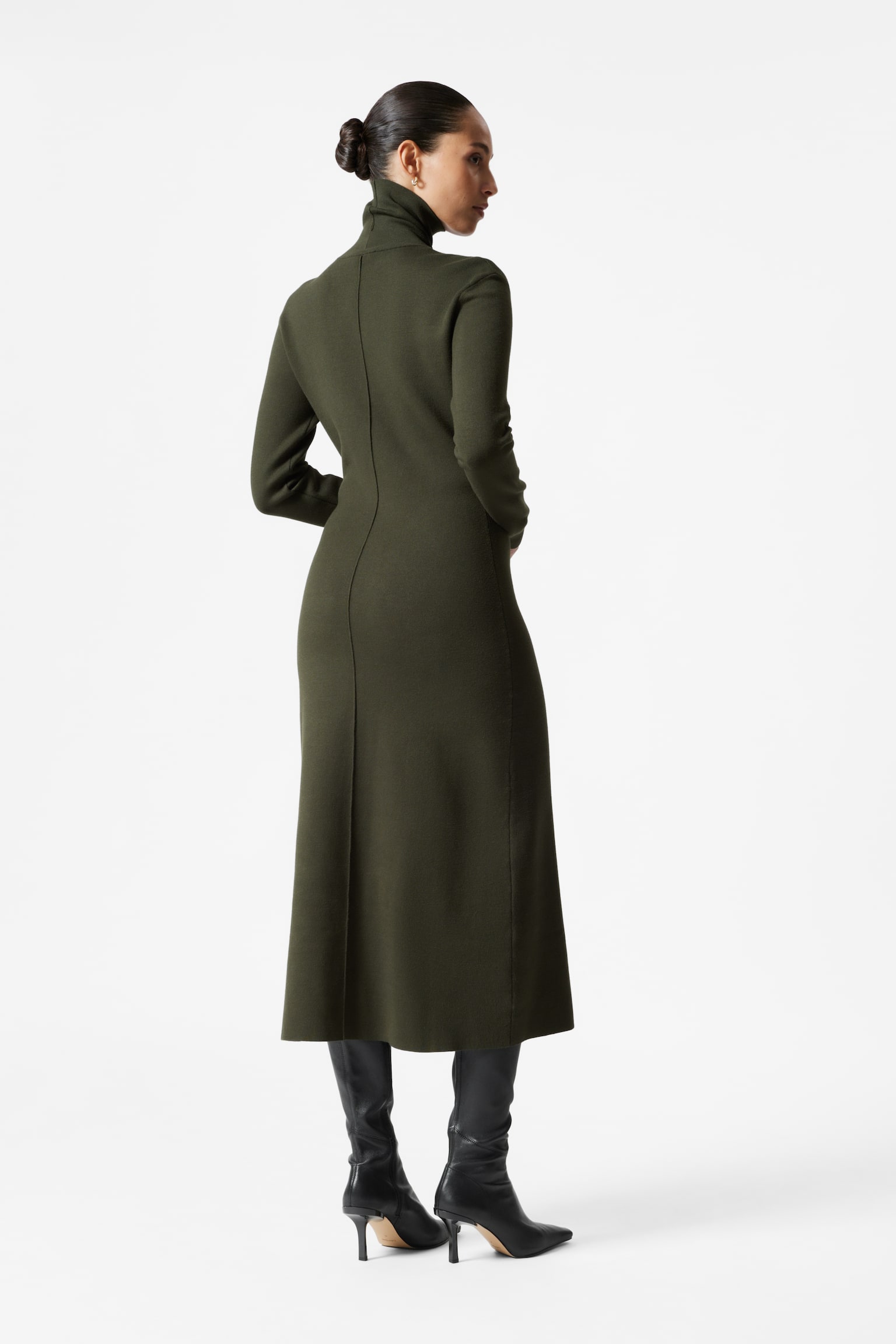 Knitted Roll-Neck Midi Dress - Dark Green - 7