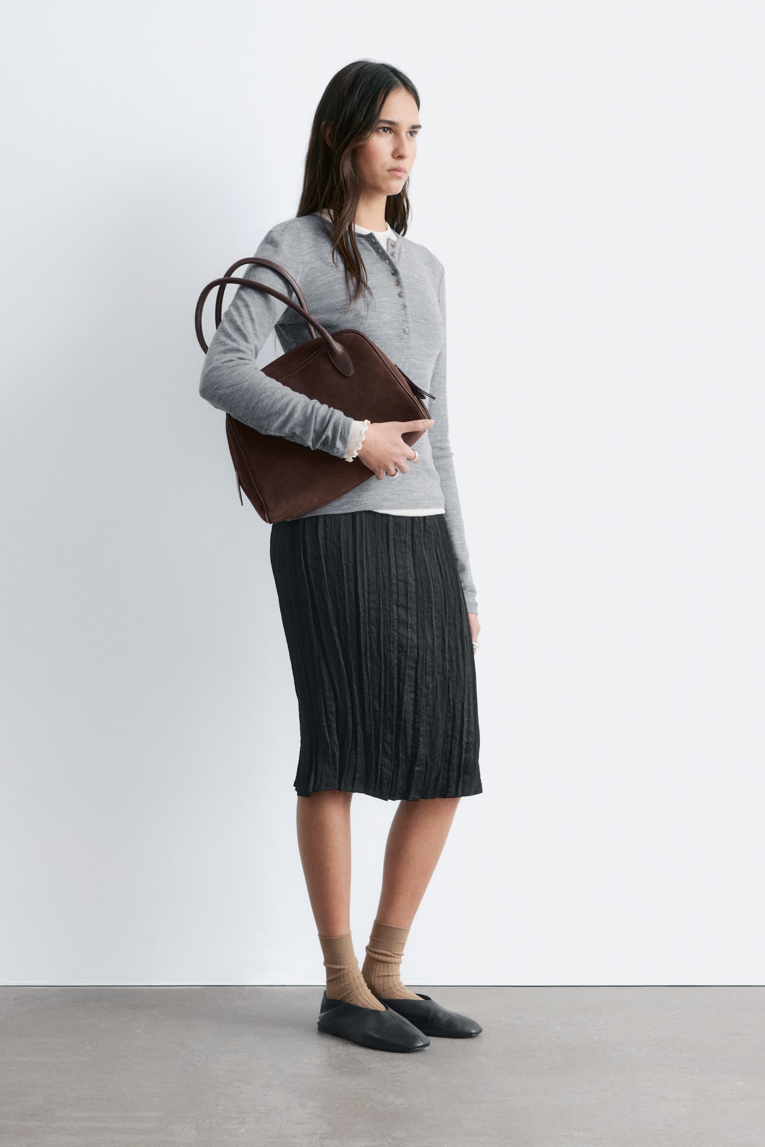 Oberteil aus Wolle mit halblanger Knopfleiste - Grau meliert/Braun meliert - 3