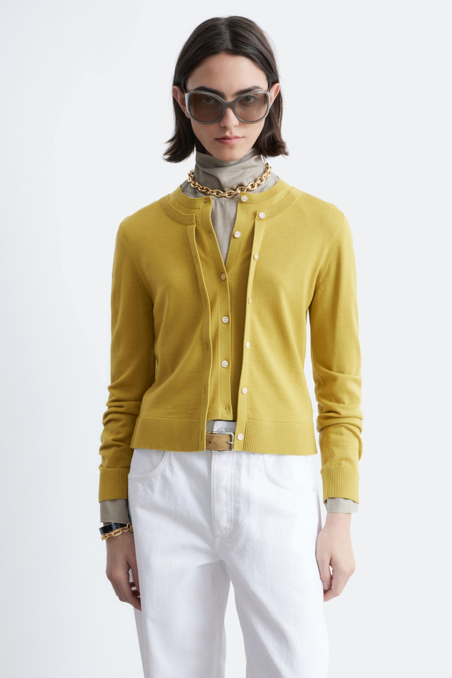 Dobbeltlagt cardigan i merinould - Sennepsgul/Sort - 1