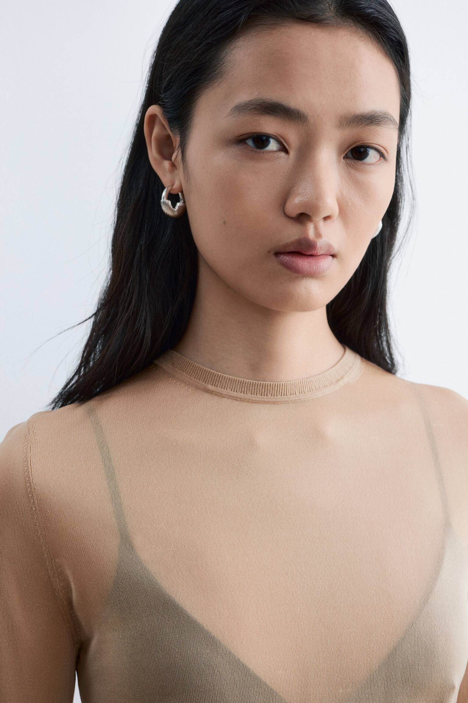 Fijngebreide doorschijnende top - Beige/Hemelsblauw - 3