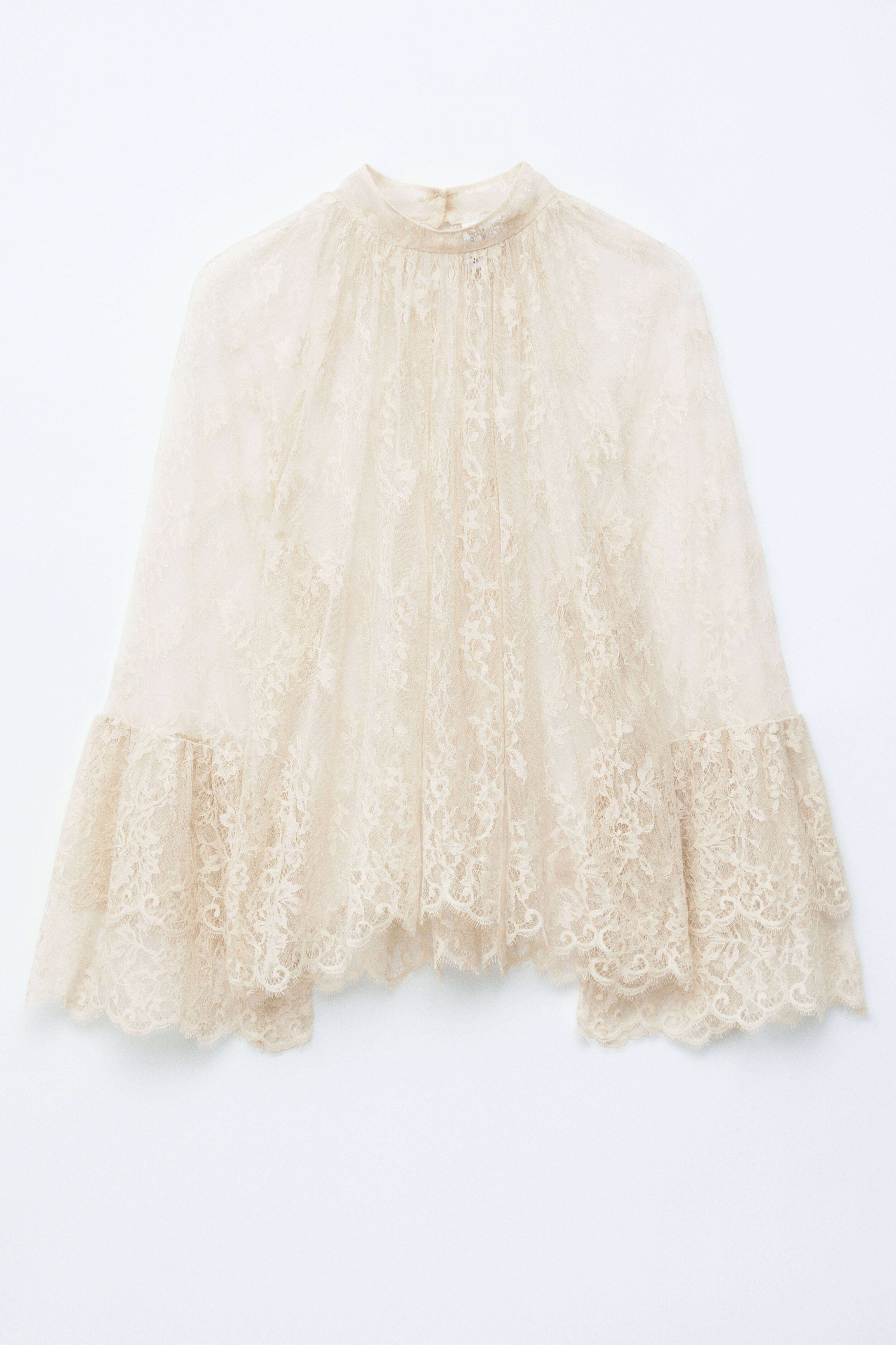 Blusa in pizzo con balze - Crema