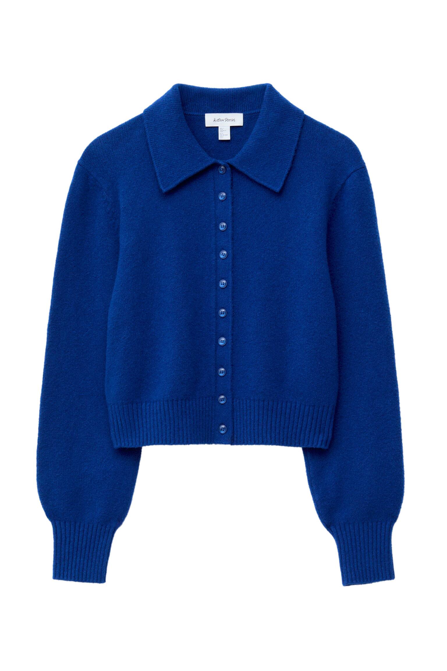 Strikket cardigan med krage - Knallblå/White/Mole - 3