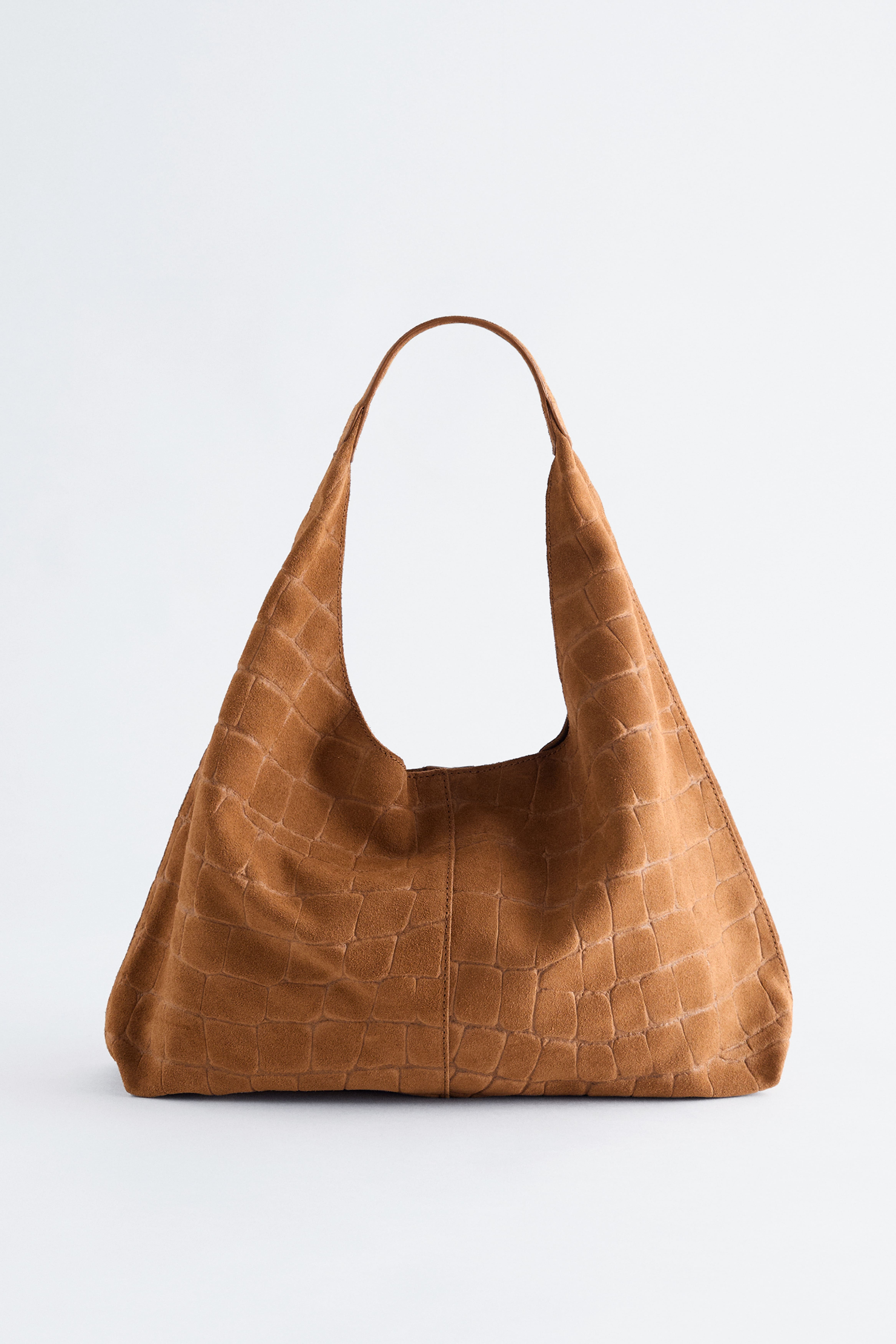 Kleine Tragetasche aus Wildleder in Krokooptik - Dunkelbeige