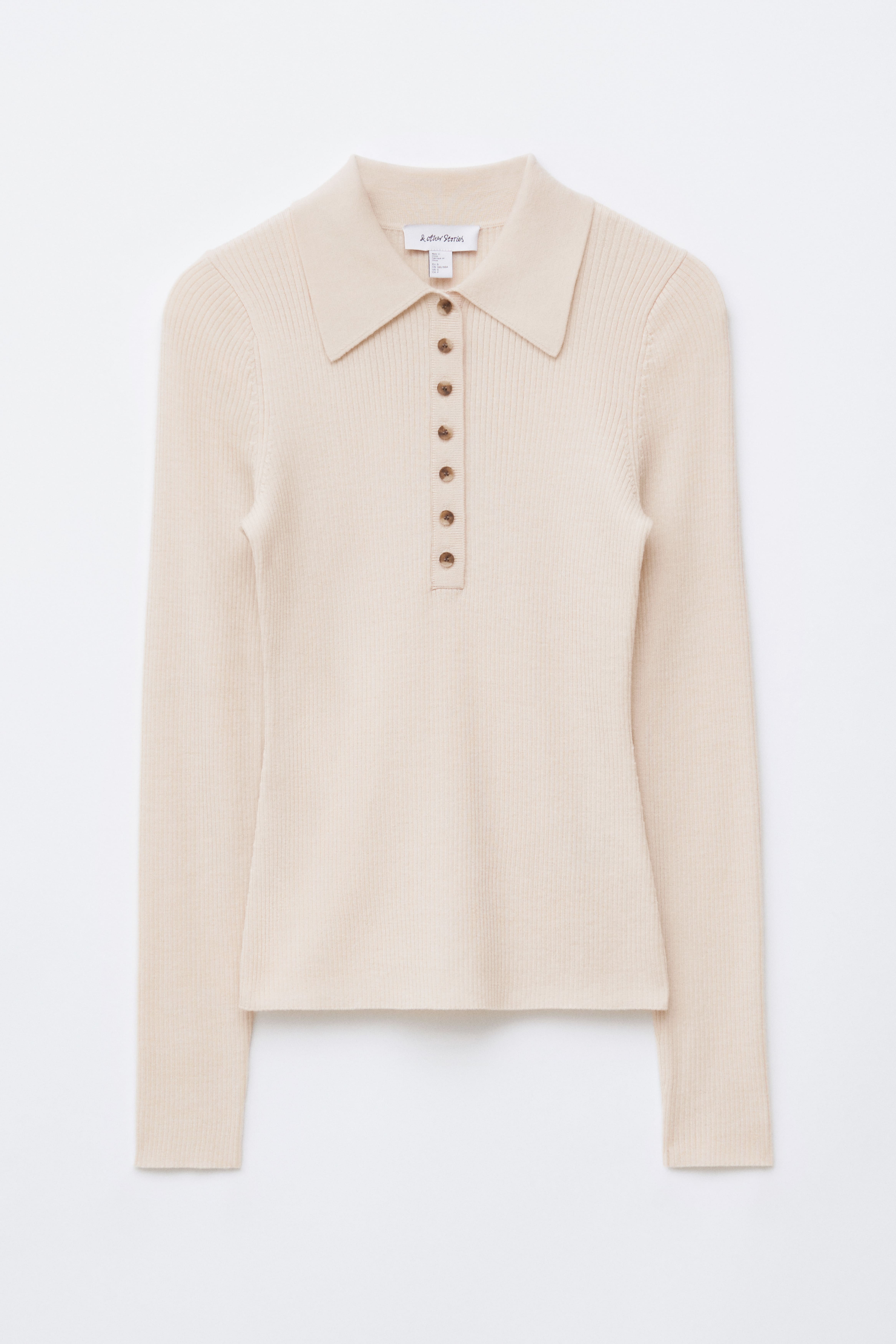 Maglia stile polo in lana merino a maniche lunghe - Bianco crema
