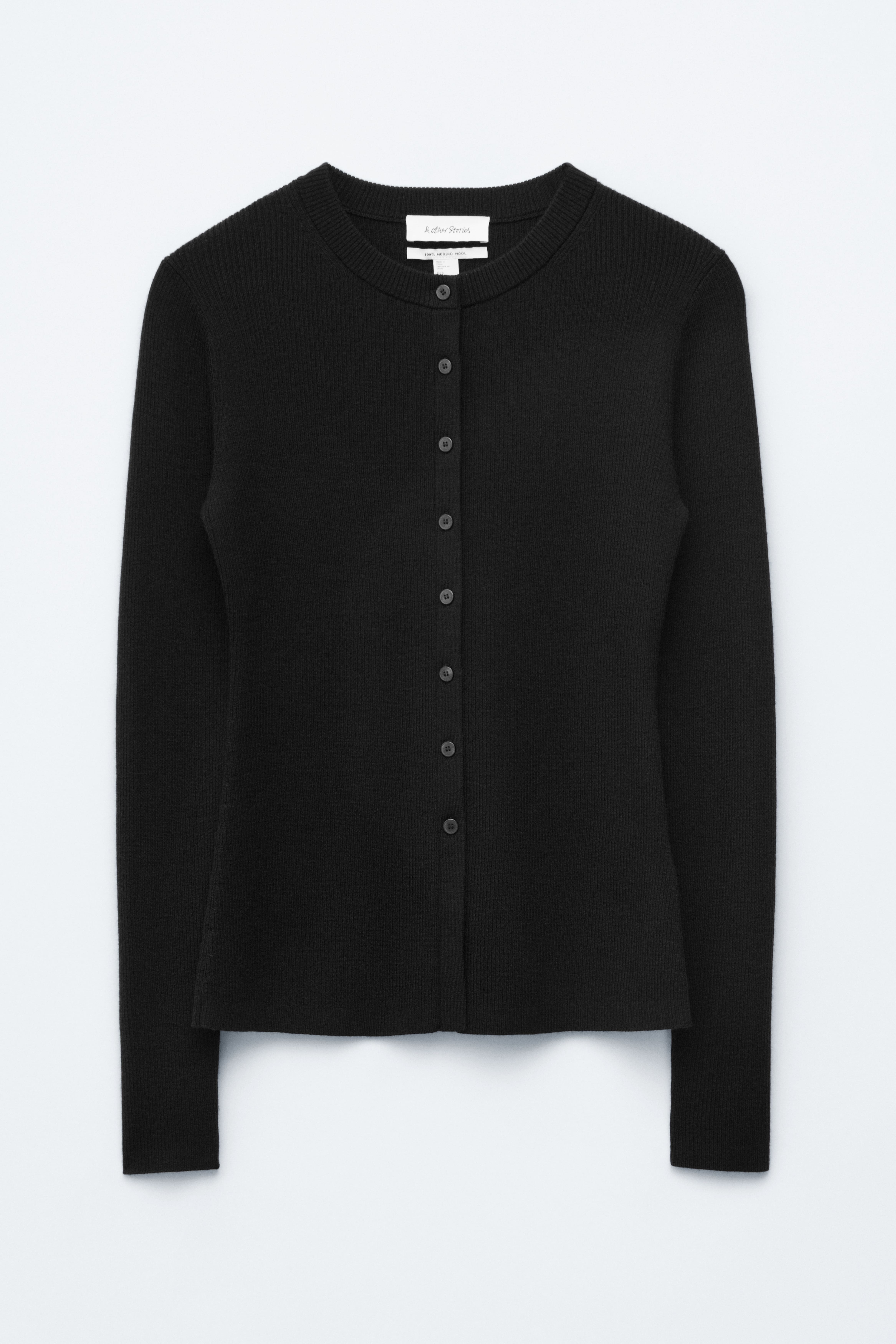 Cardigan in lana merino con lavorazione a coste - Nero/Grigio mélange