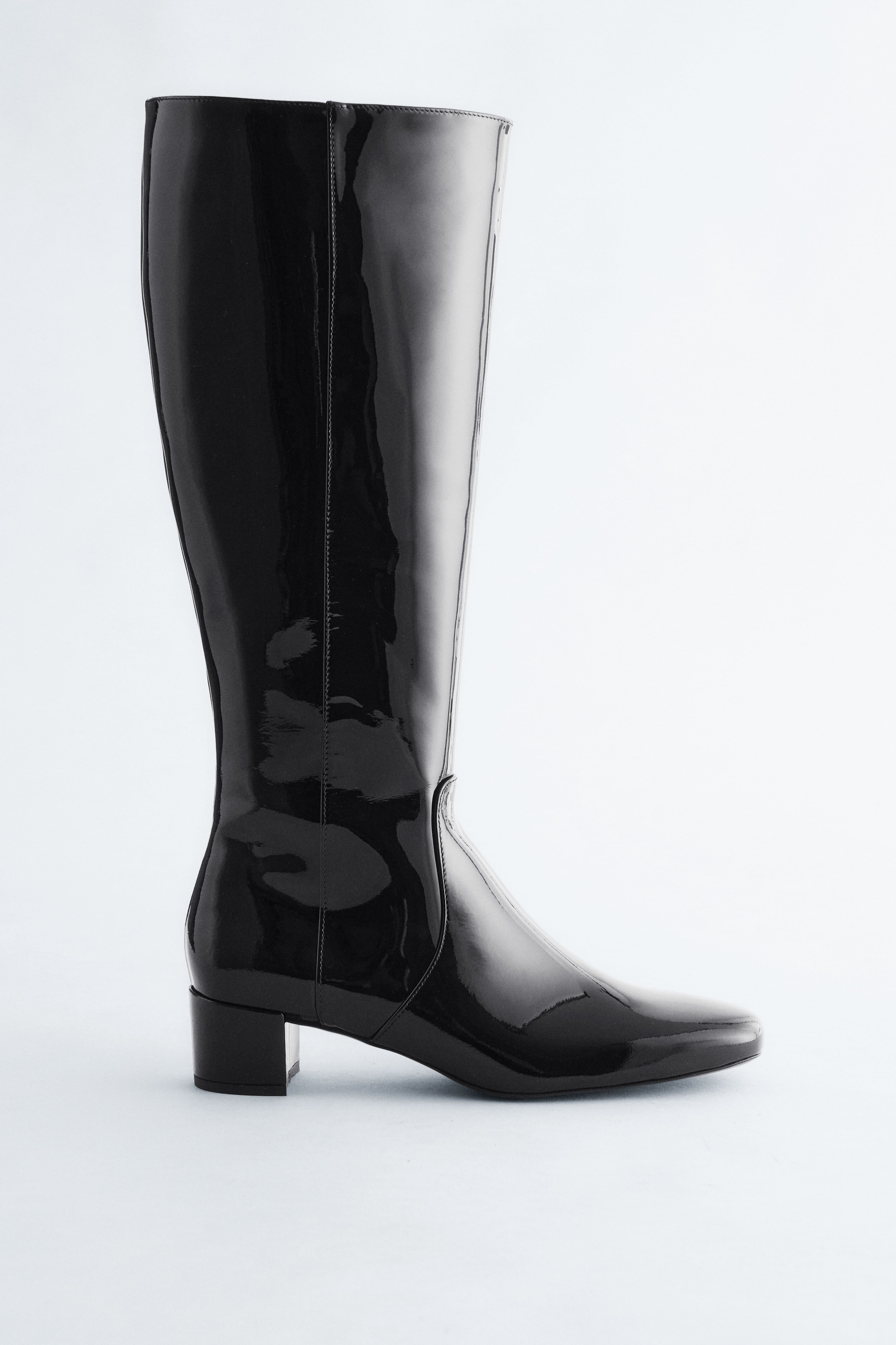 Skórzane kozaki na obcasie - Błyszcząca czerń/Czarny