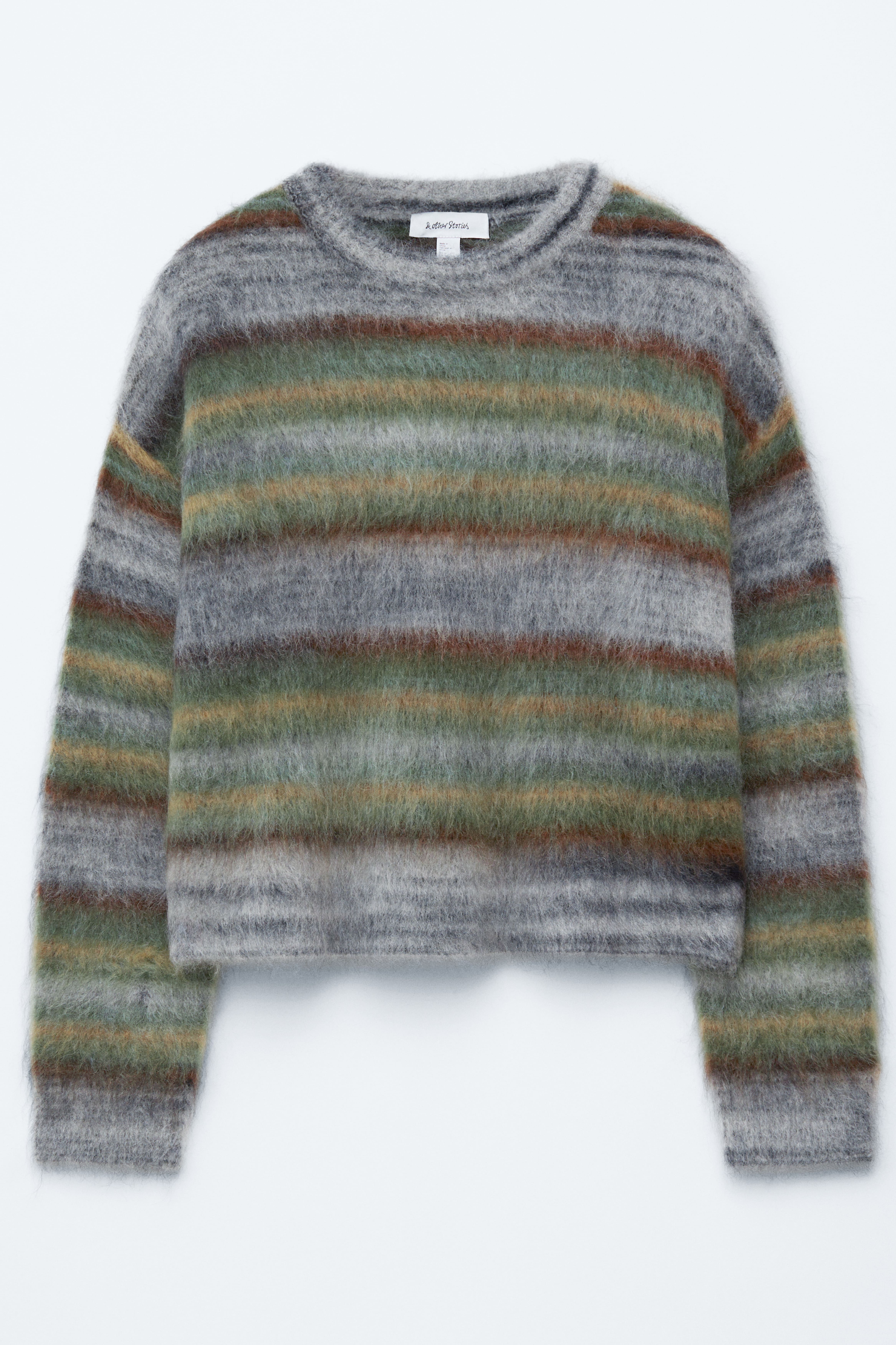 Stickad randig tröja - Grå/grön/randig