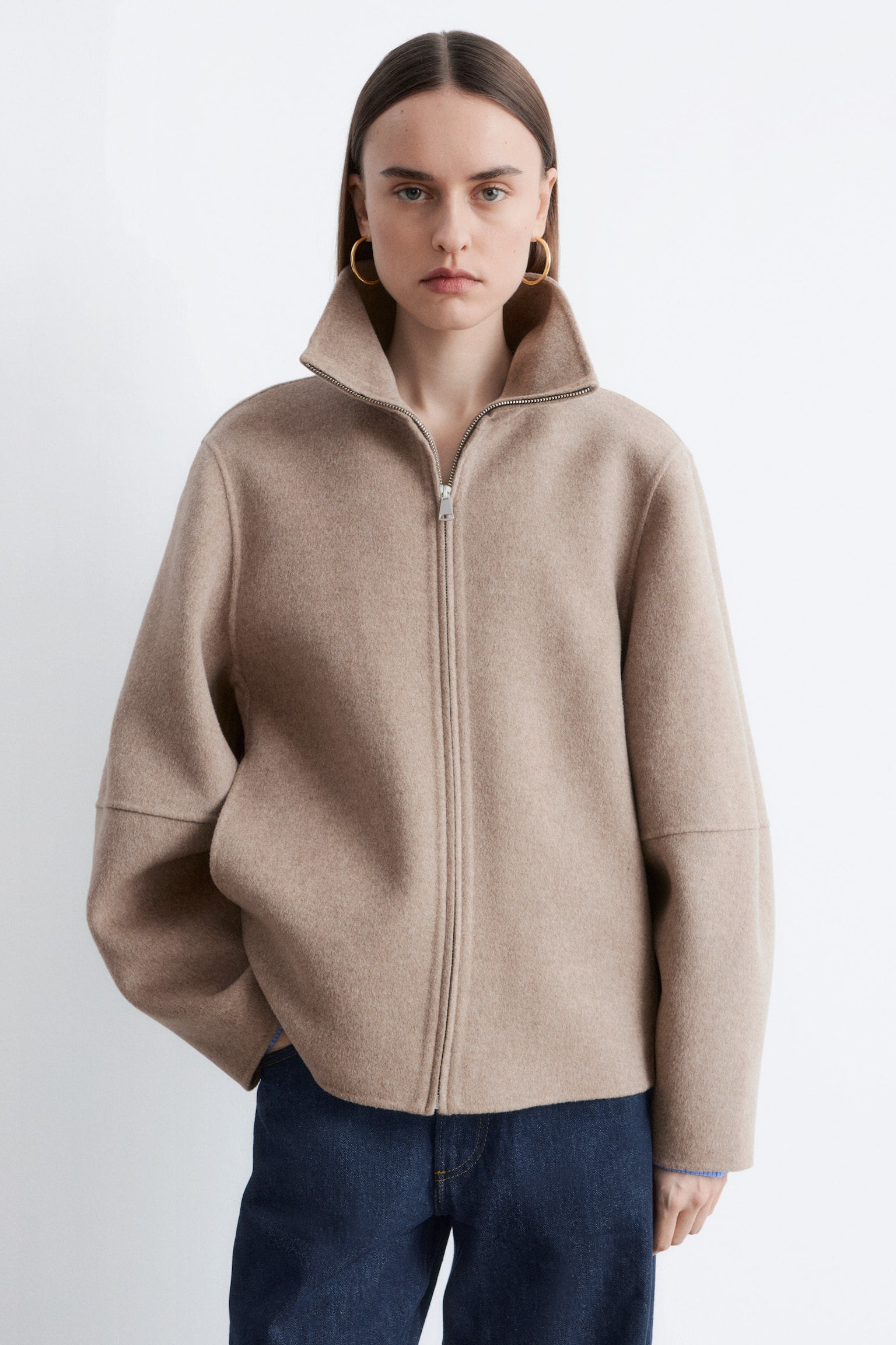 Giacca in lana con zip - Beige scuro/Grigio scuro - 2
