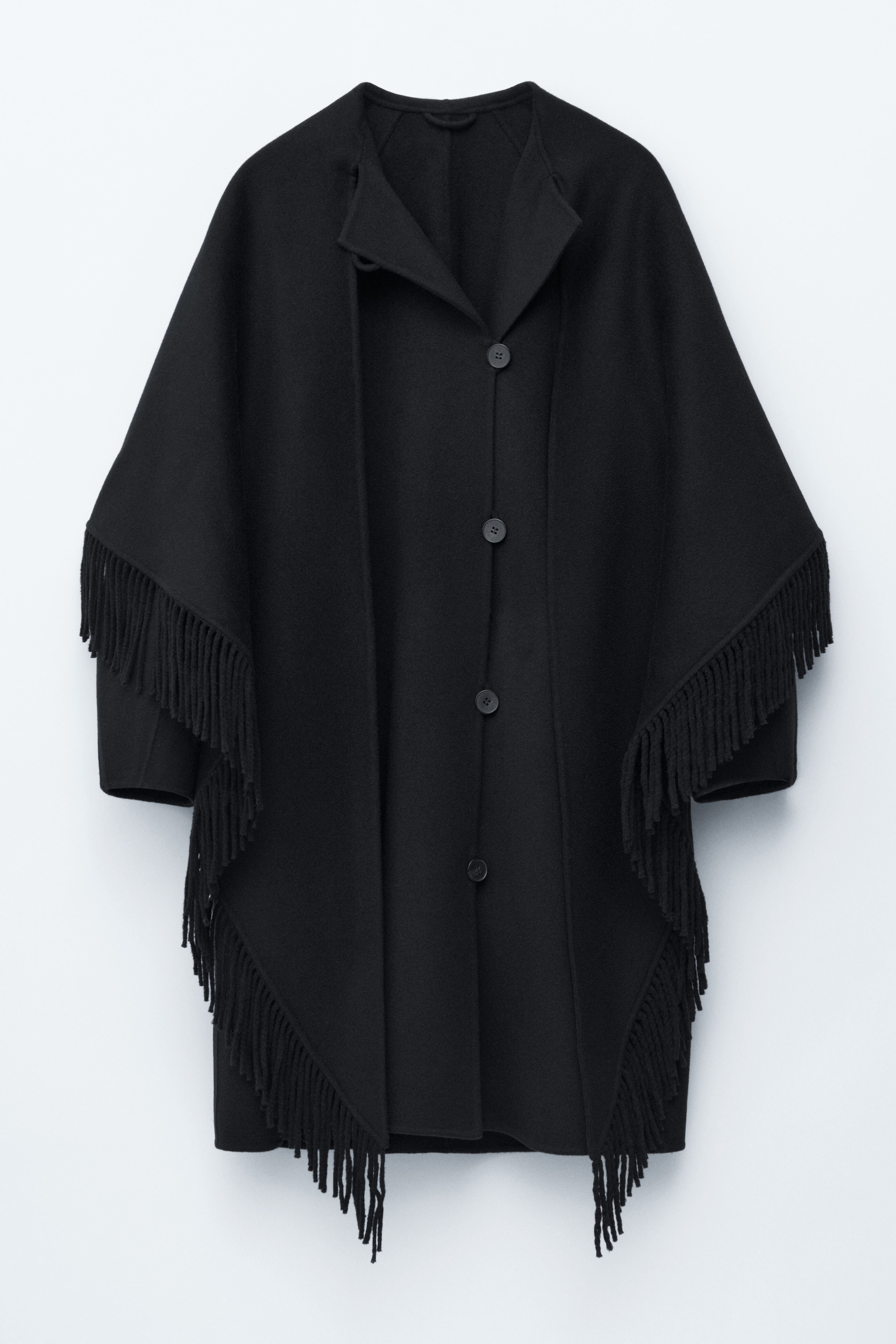 Wollmantel mit Fransenschal - Schwarz/Creme