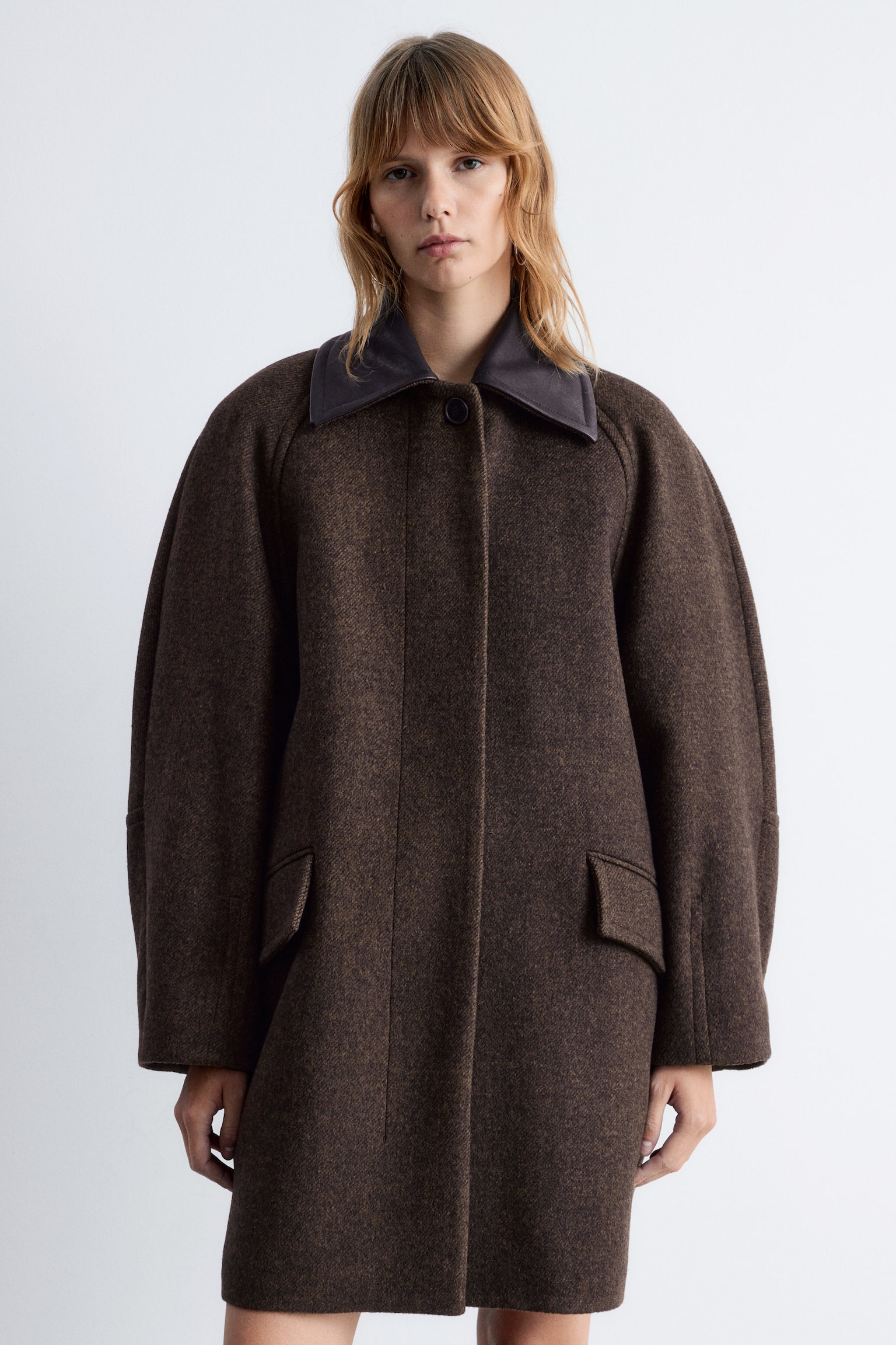 Oversized wollen jas met leren kraag - Donkerbruin - 6