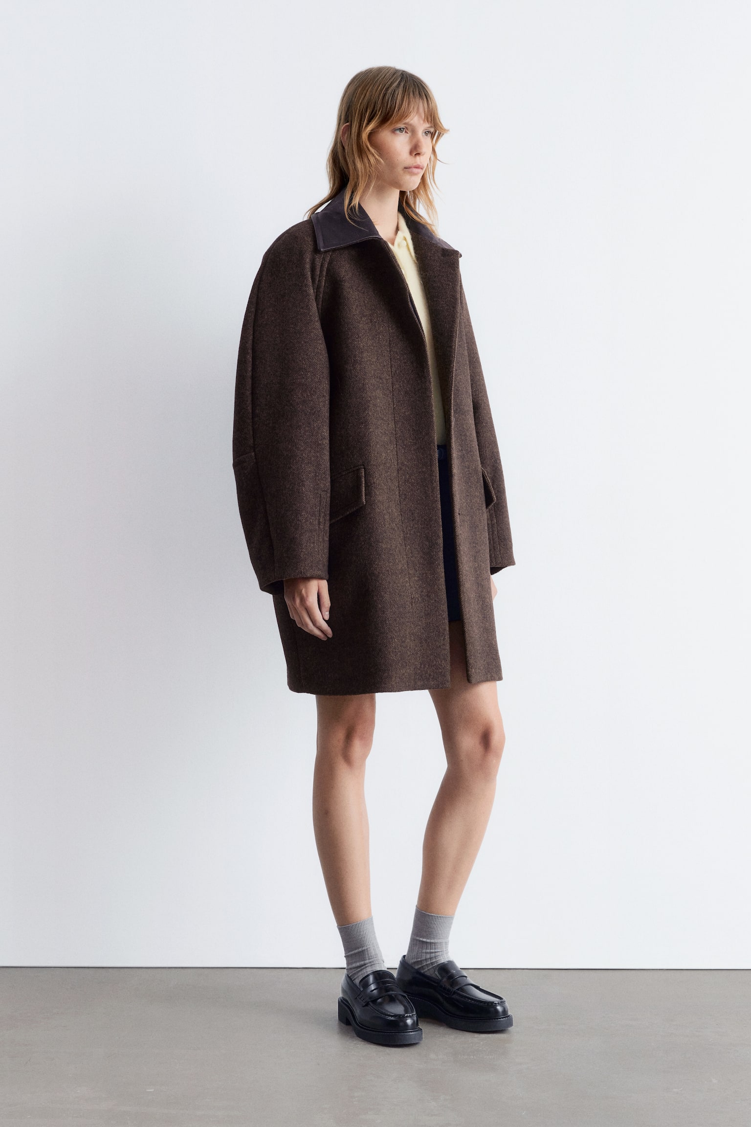 Oversized wollen jas met leren kraag - Donkerbruin - 1