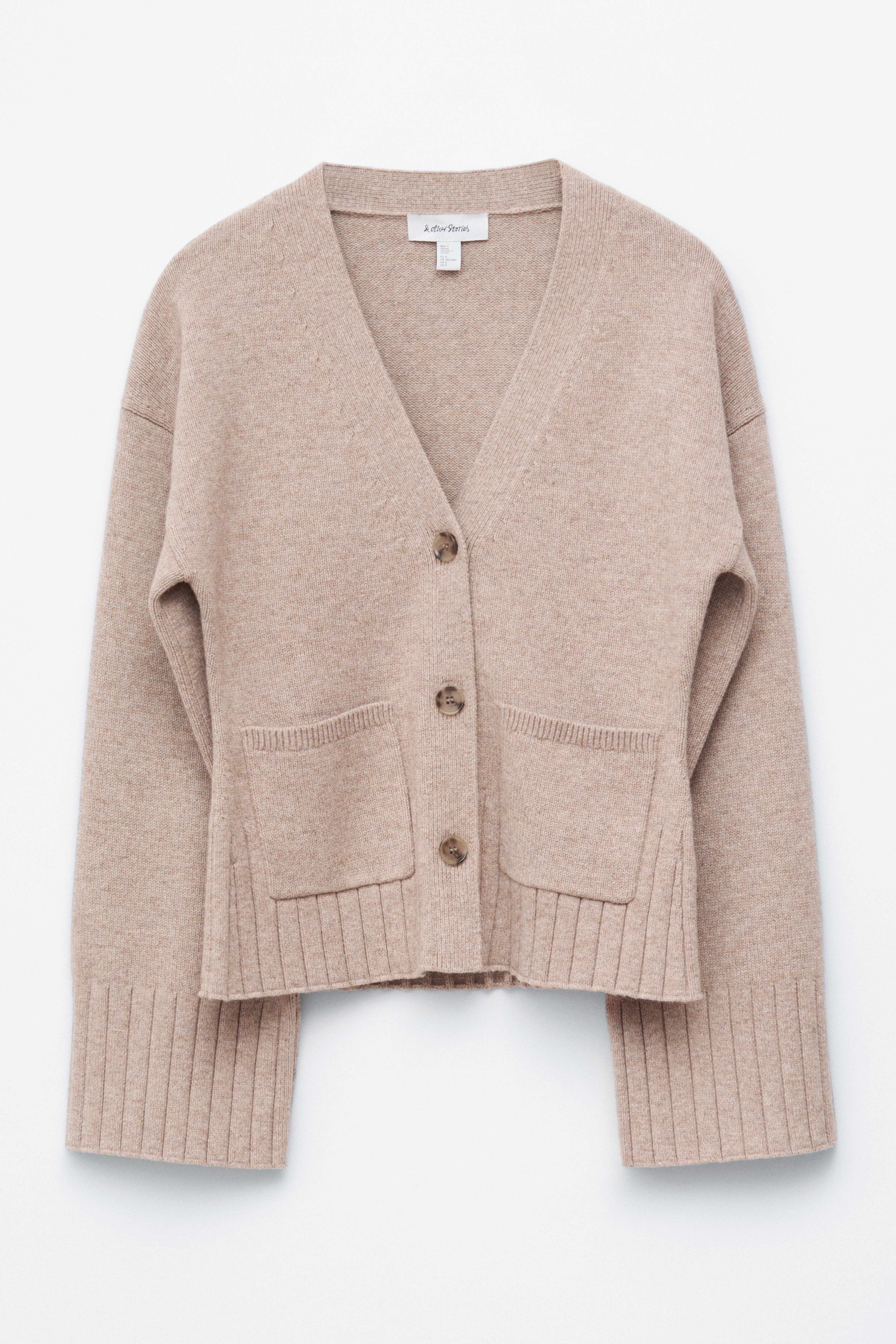 Avsmalnende strikket cardigan - Beige/Mørk brun/Mørkegrå