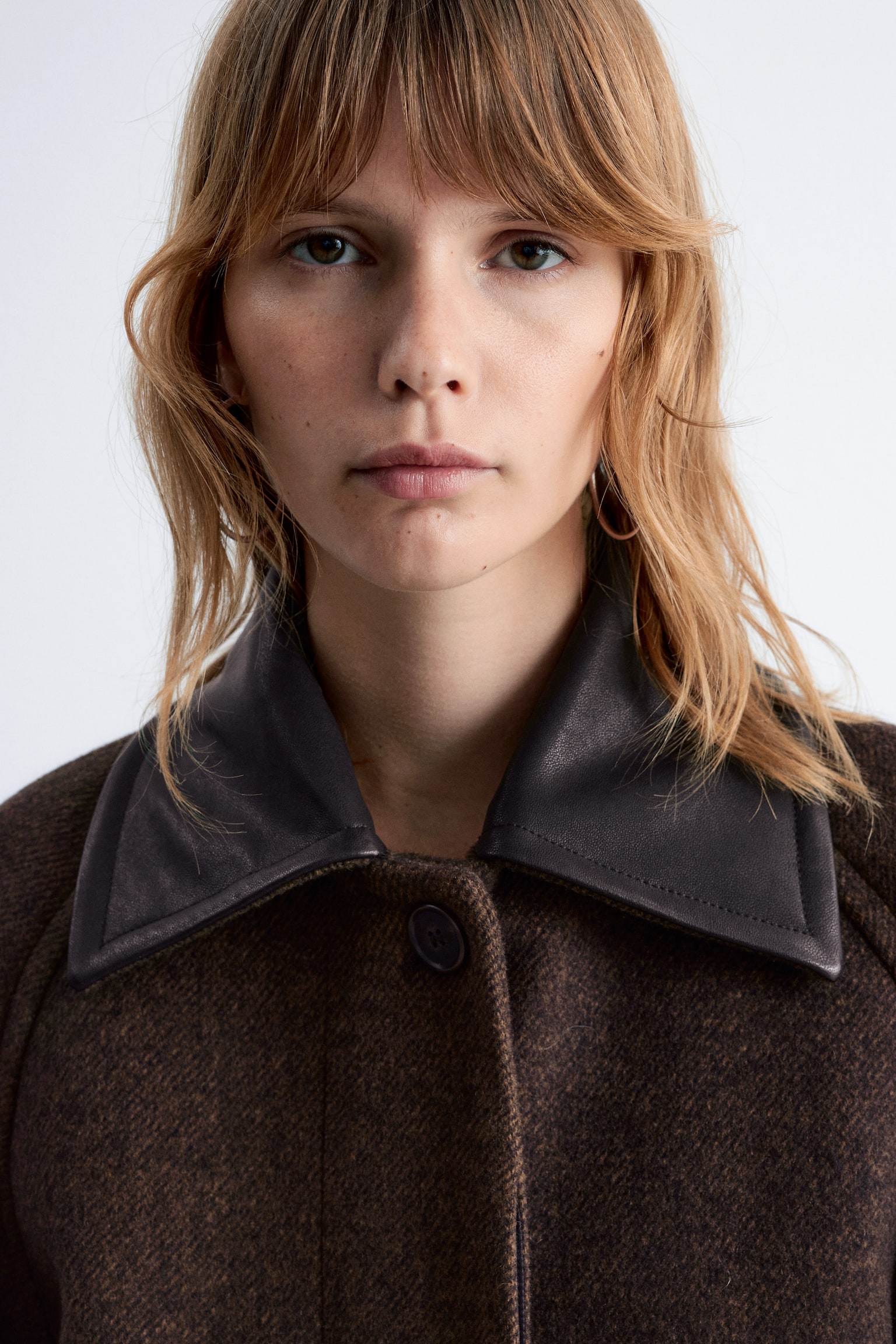 Oversized wollen jas met leren kraag - Donkerbruin - 3