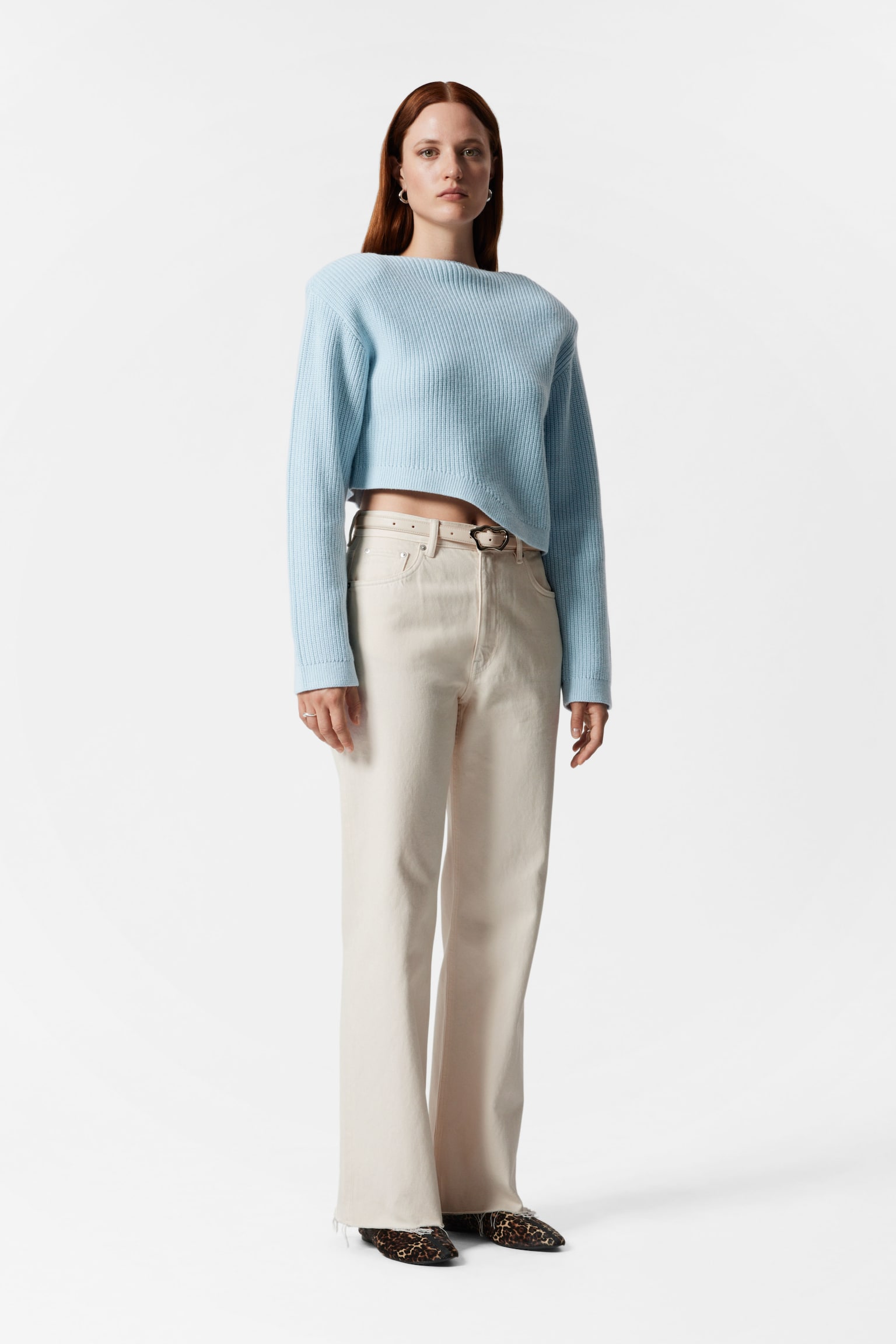 Asymmetric Rib-Knit Jumper - Light Blue/White - 4