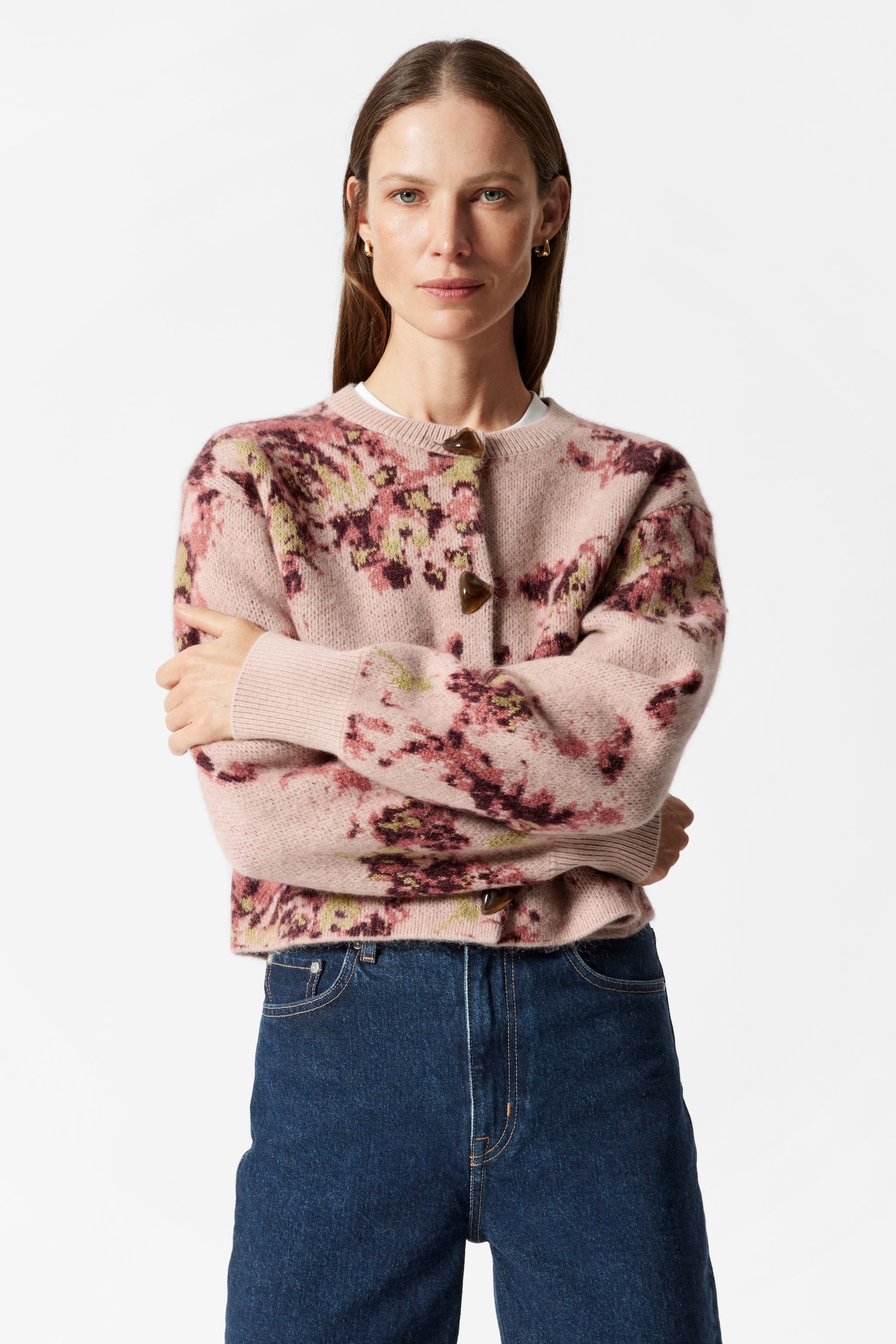 Floral-Jacquard Cardigan - Beige/Pink - 1