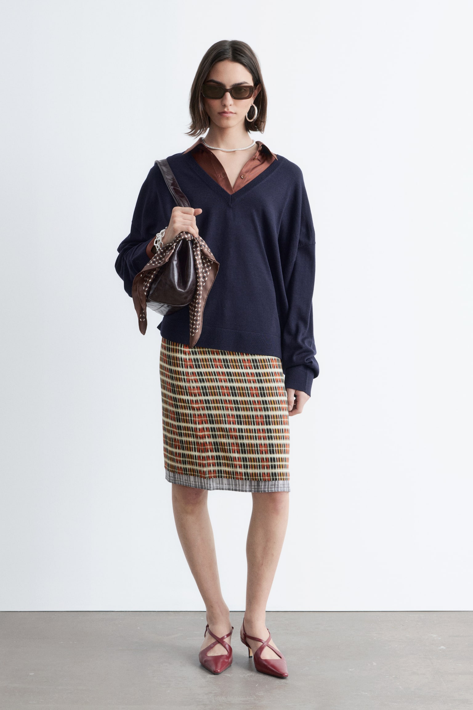 Maglione in lana merino con scollo a V - Blu scuro/Turchese chiaro mélange/Verde kaki - 9