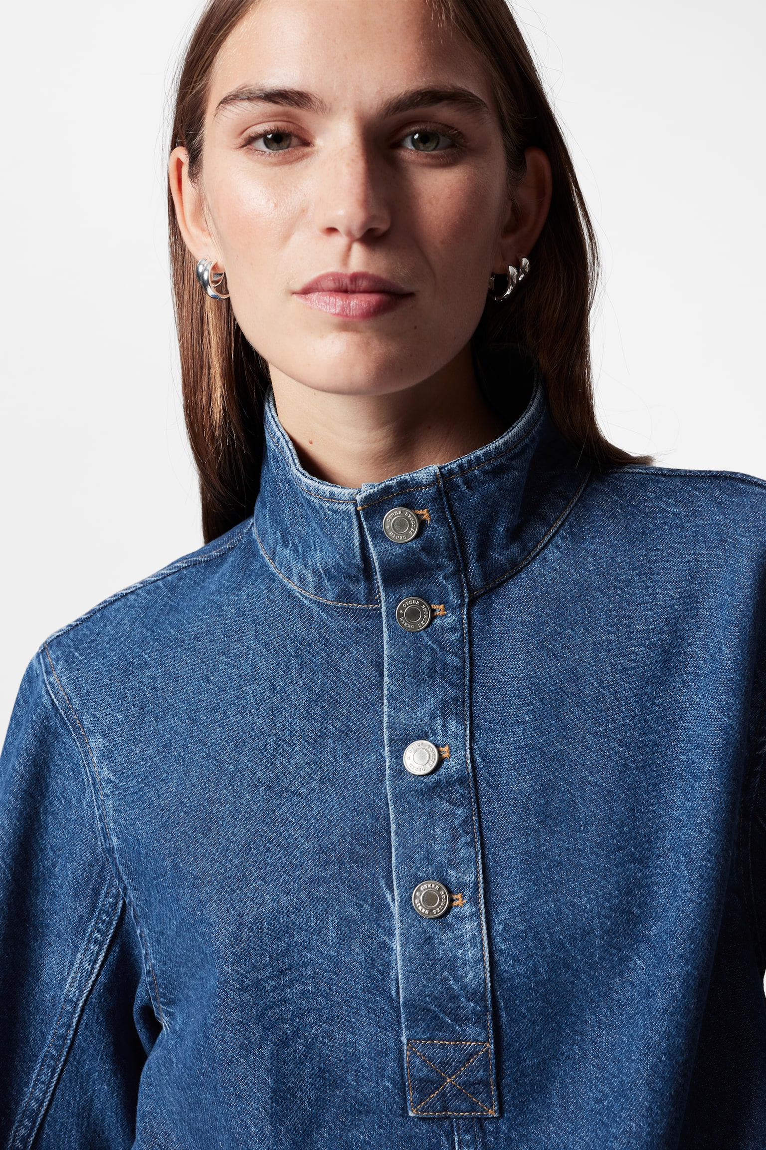 Funnel-Neck Denim Shirt - Blue - 5