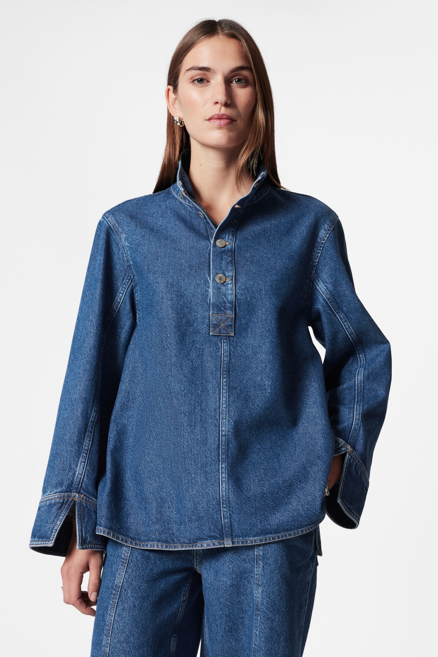 Funnel-Neck Denim Shirt - Blue - 1