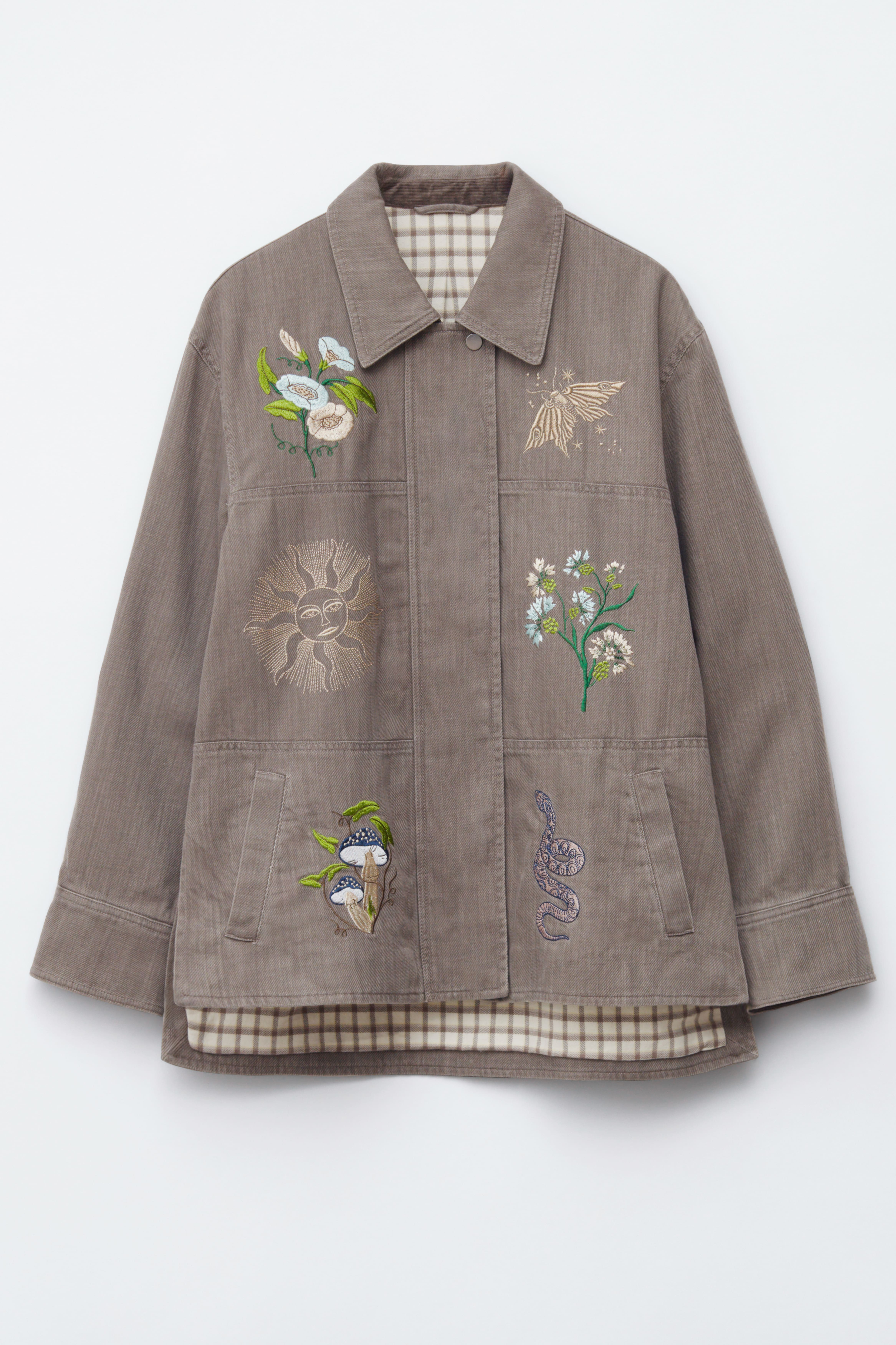 Bestickte Hemdjacke - Graubraun/Bestickt