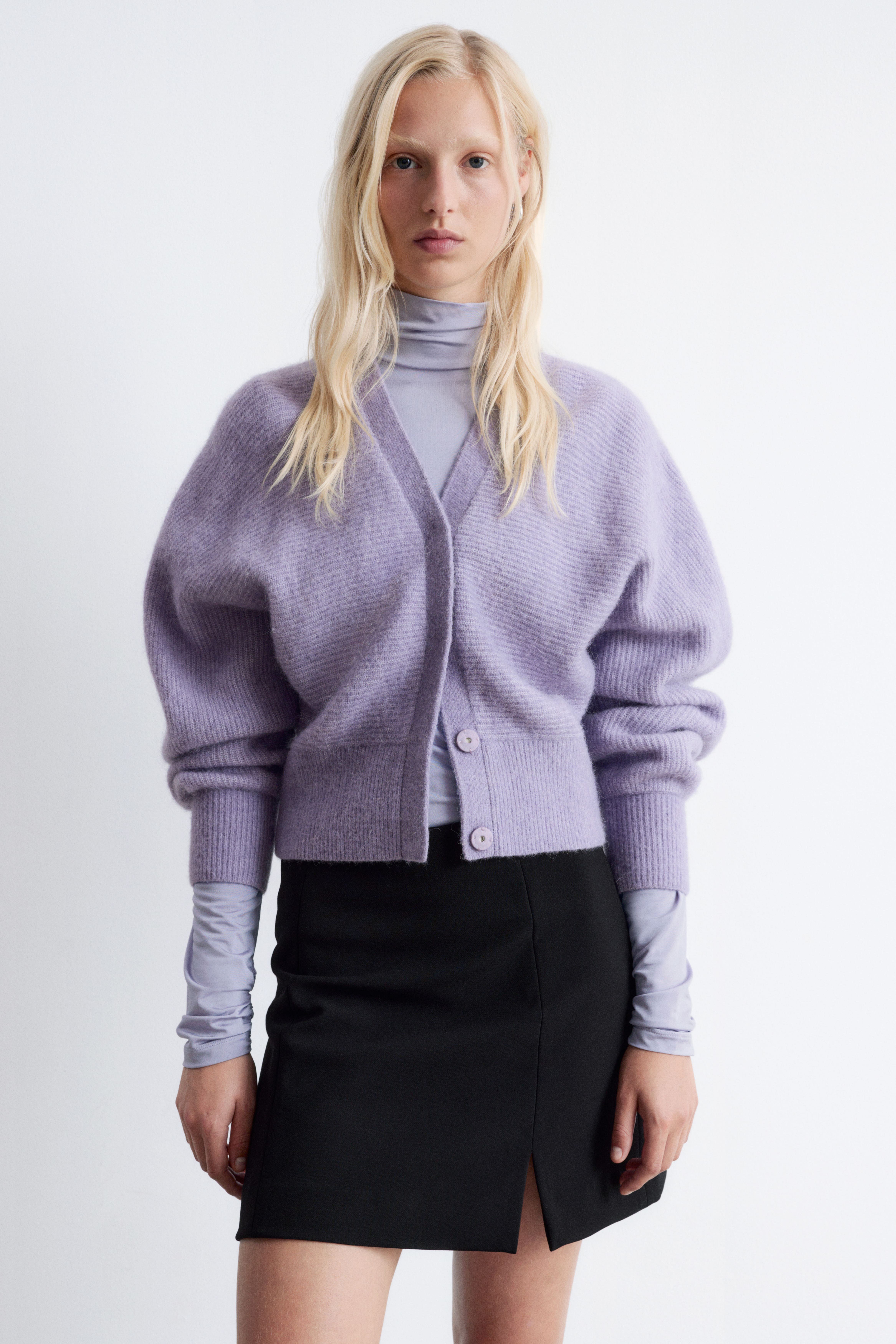 Cardigan i alpakkablanding - Lyselilla/Brun