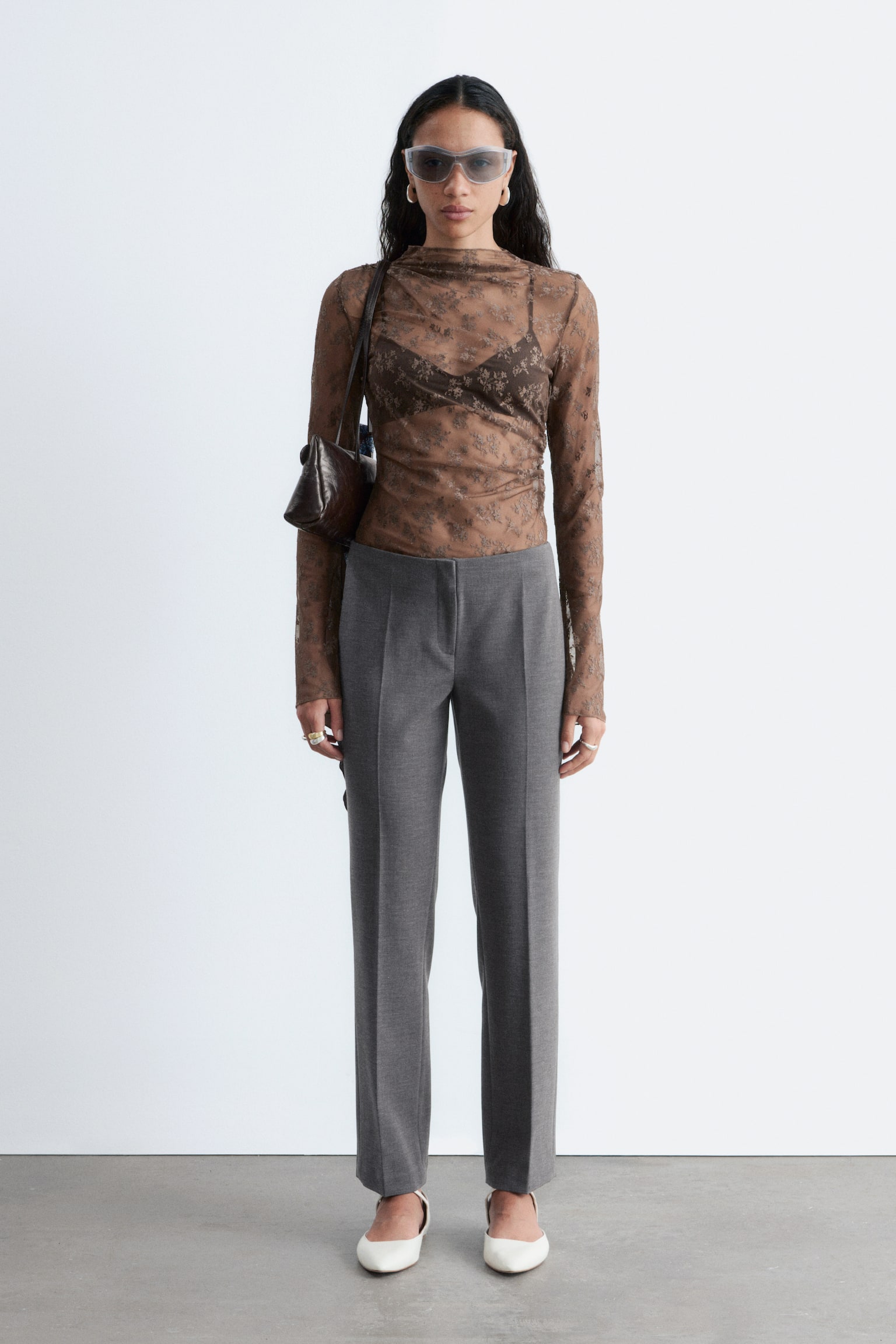 Langärmliges Spitzenoberteil - Dark Brown/Cream/Helles Taupe - 7