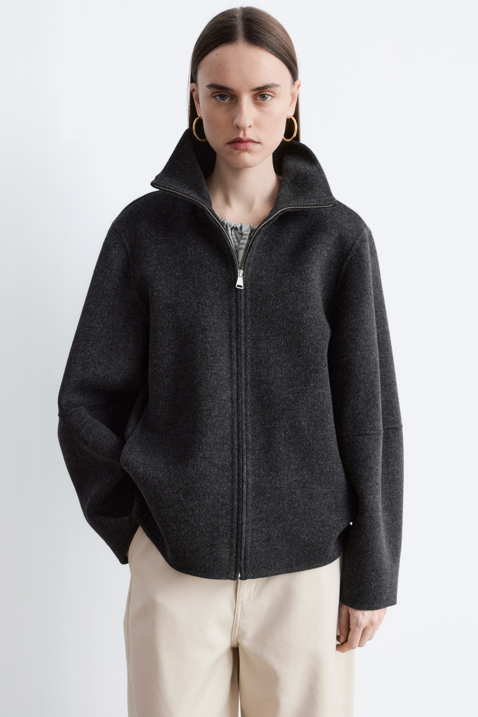 Uldjakke med lynlås - Dark Grey/Dark Beige - 1