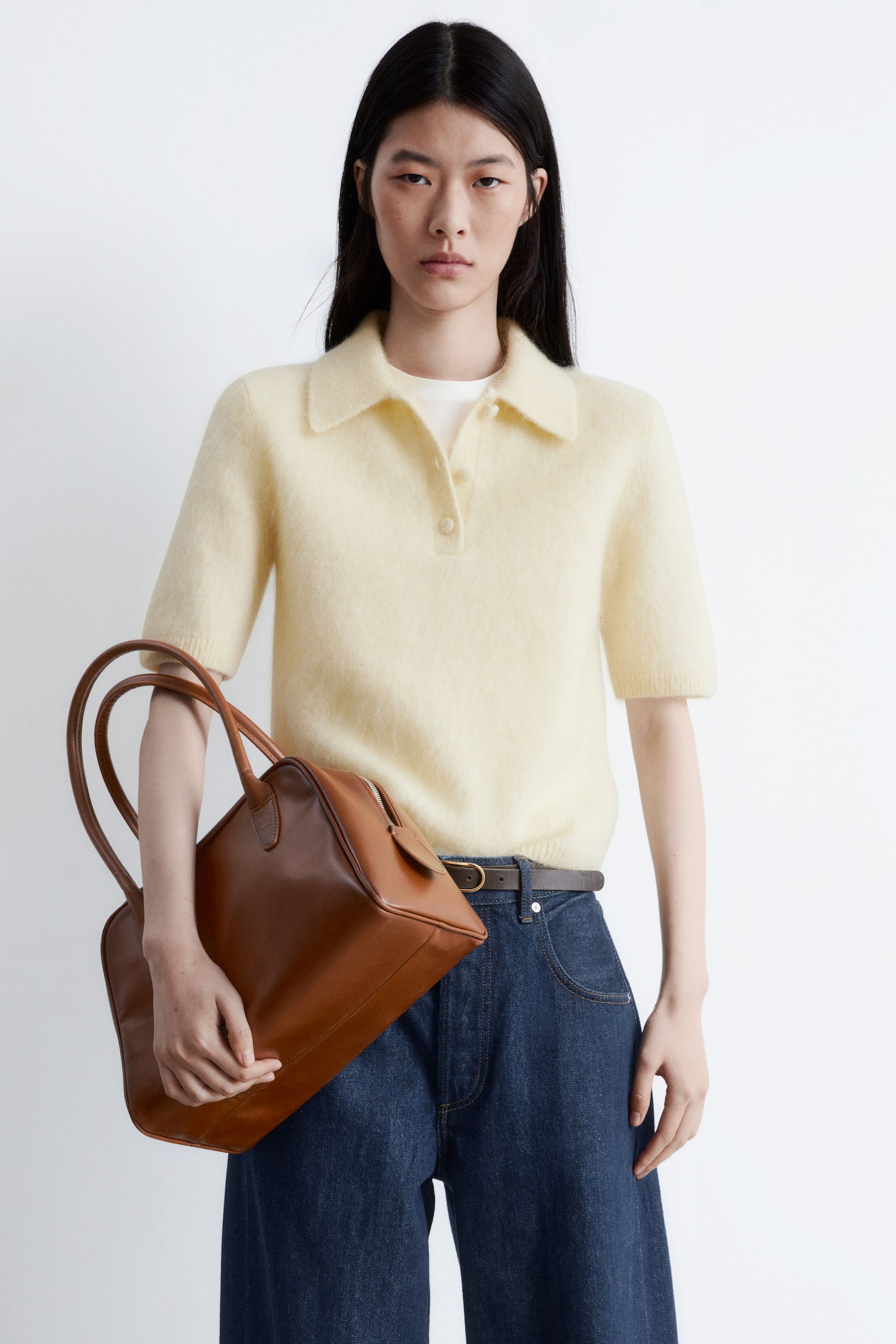 T-shirt polo en maille brossée - Jaune clair/Marron foncé/Gris foncé - 5