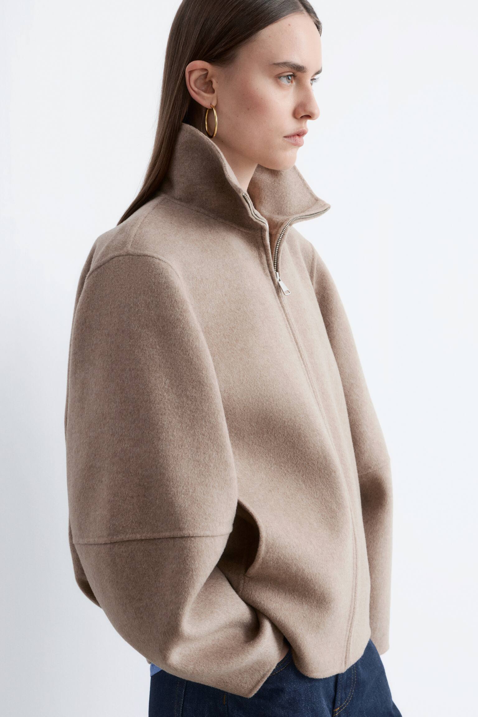 Giacca in lana con zip - Beige scuro/Grigio scuro - 5