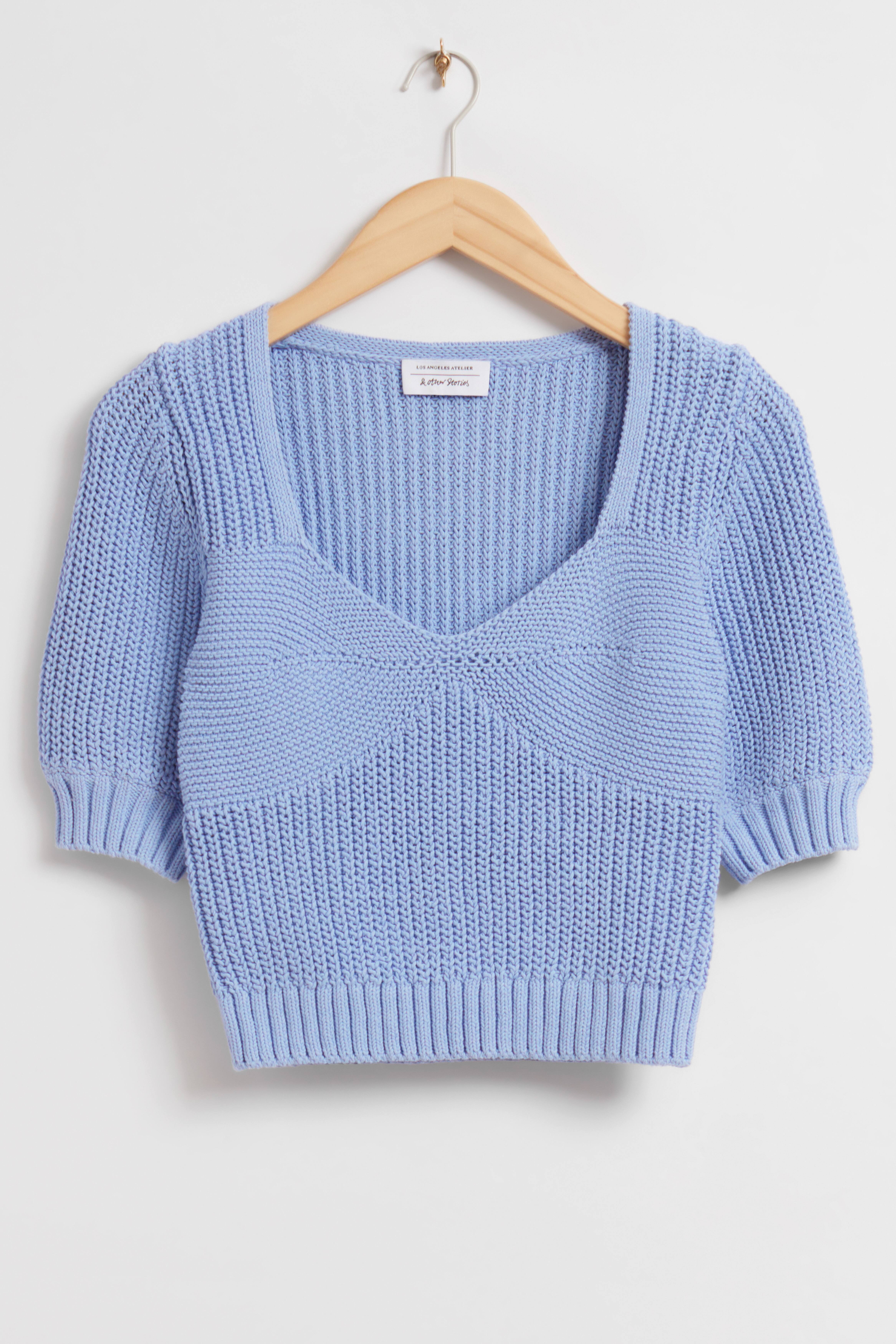 Cropped Sweetheart Bustier Knit Top - Light Blue - Ladies | H&M GB