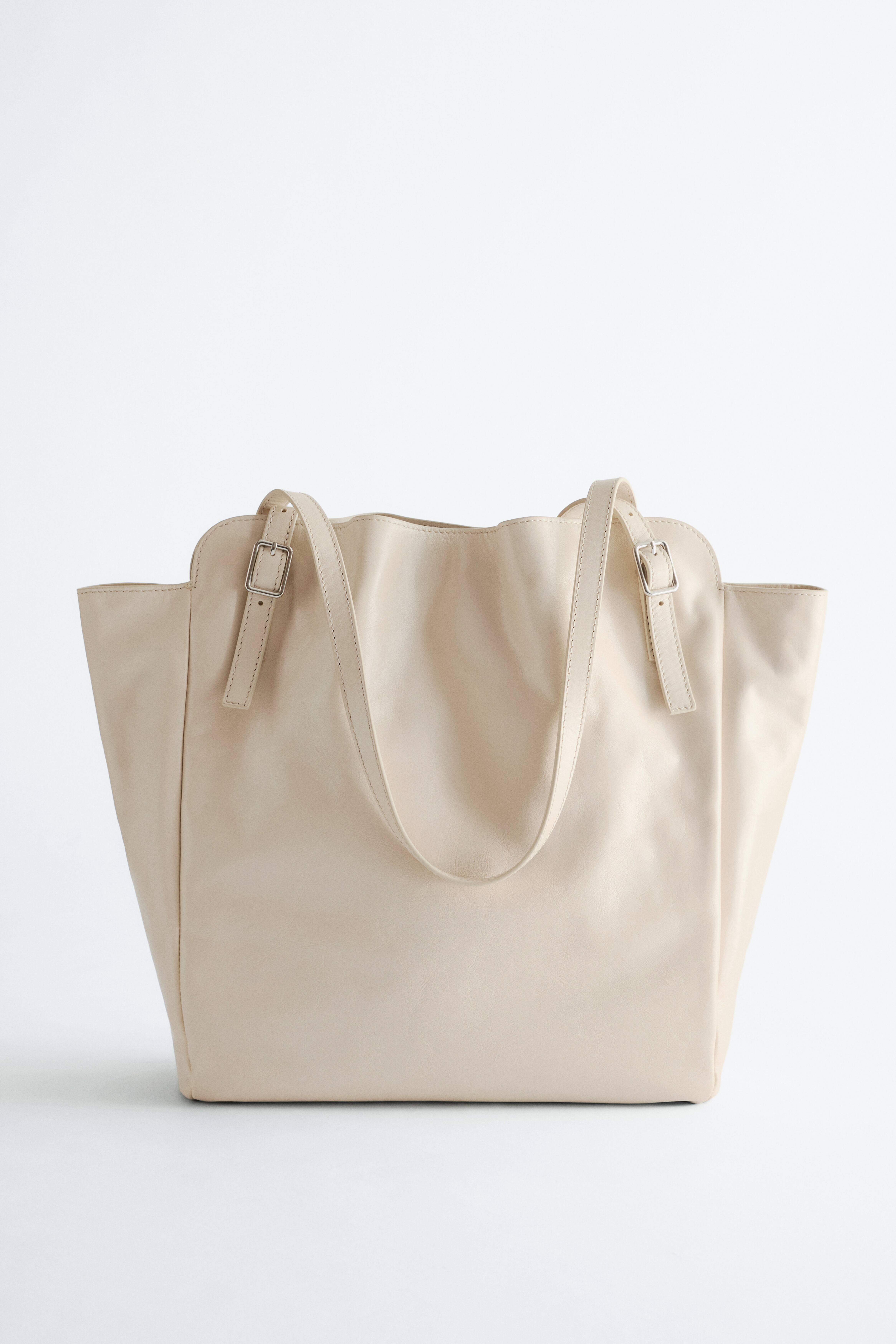 Buckle-Strap Leather Tote - Light Beige/Khaki Green