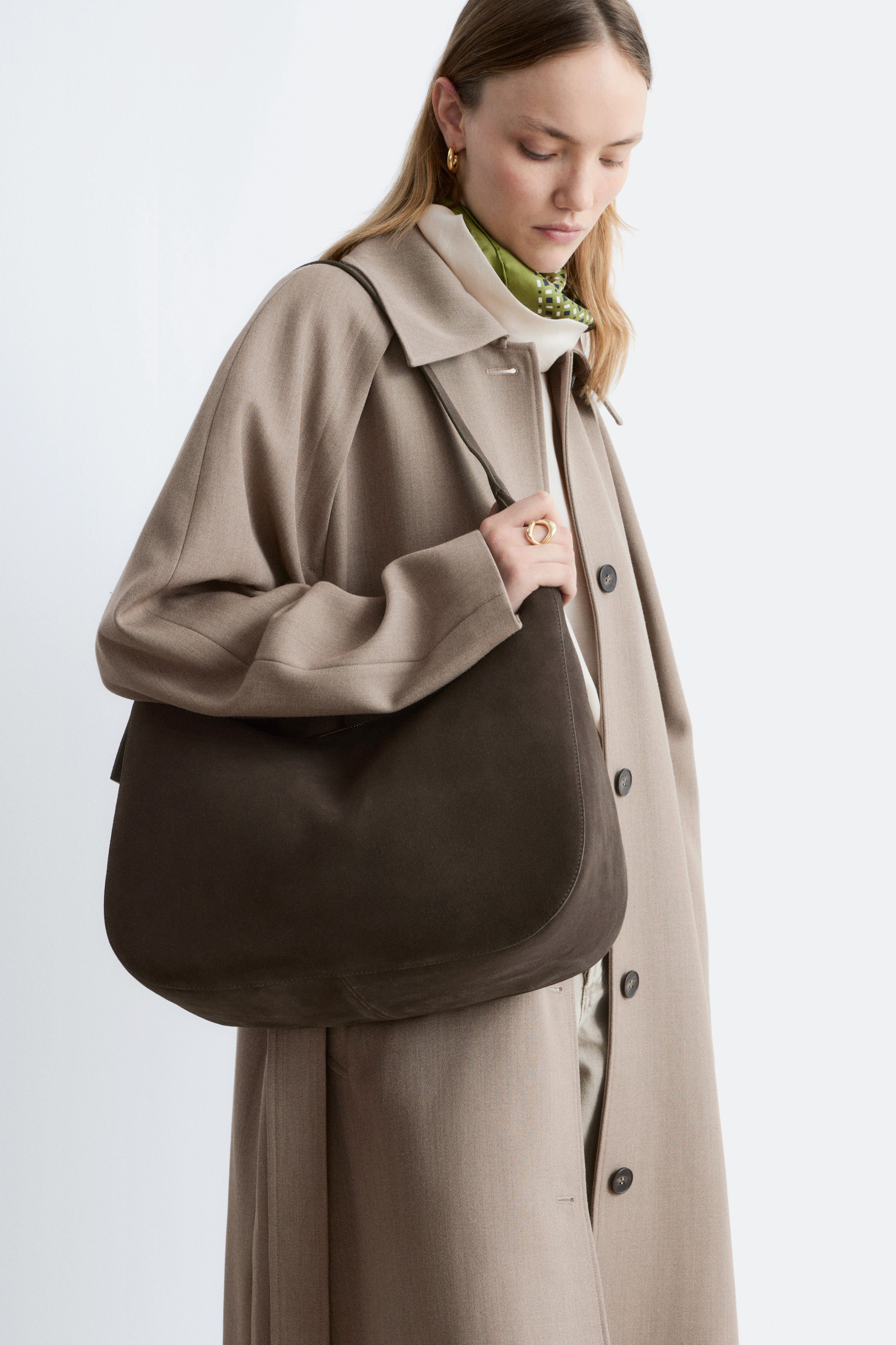 Borsa a spalla in pelle scamosciata - Marrone scuro/Pelle scamosciata verde kaki