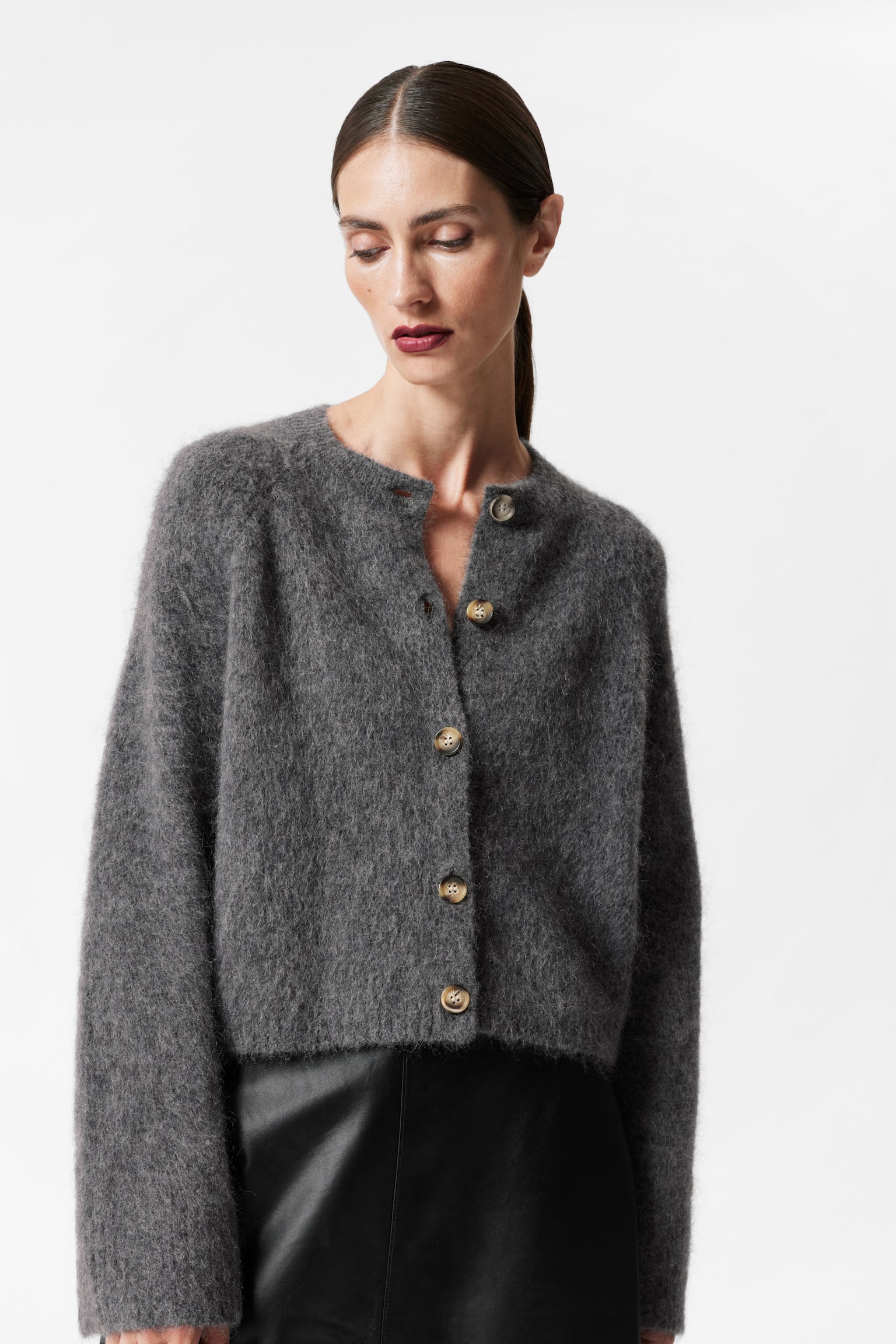 Mohair-Blend Knit Cardigan - Dark Grey/Peach/Cream - 1