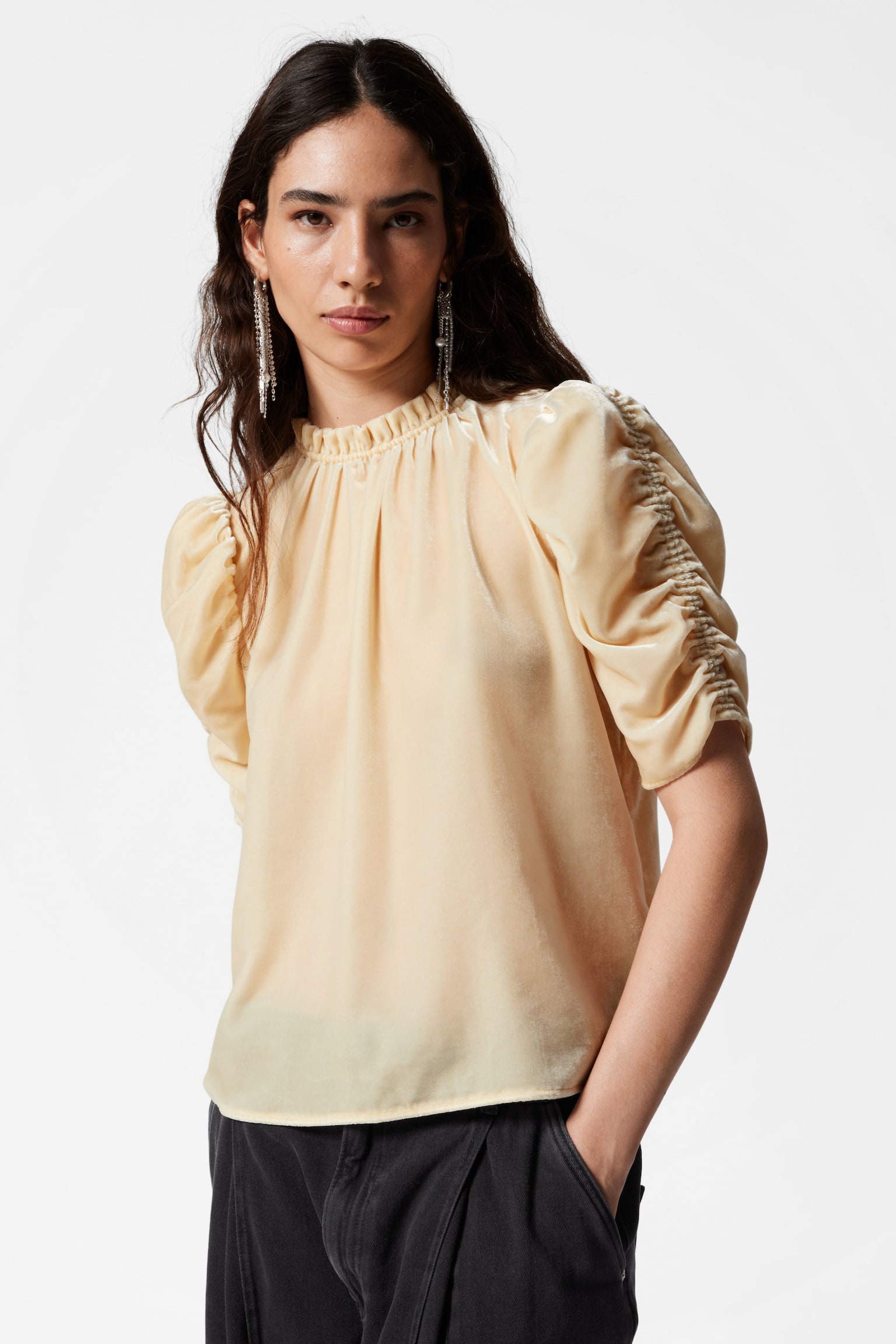 Puff Sleeve Velvet Top - Pale Yellow/Olive - 1