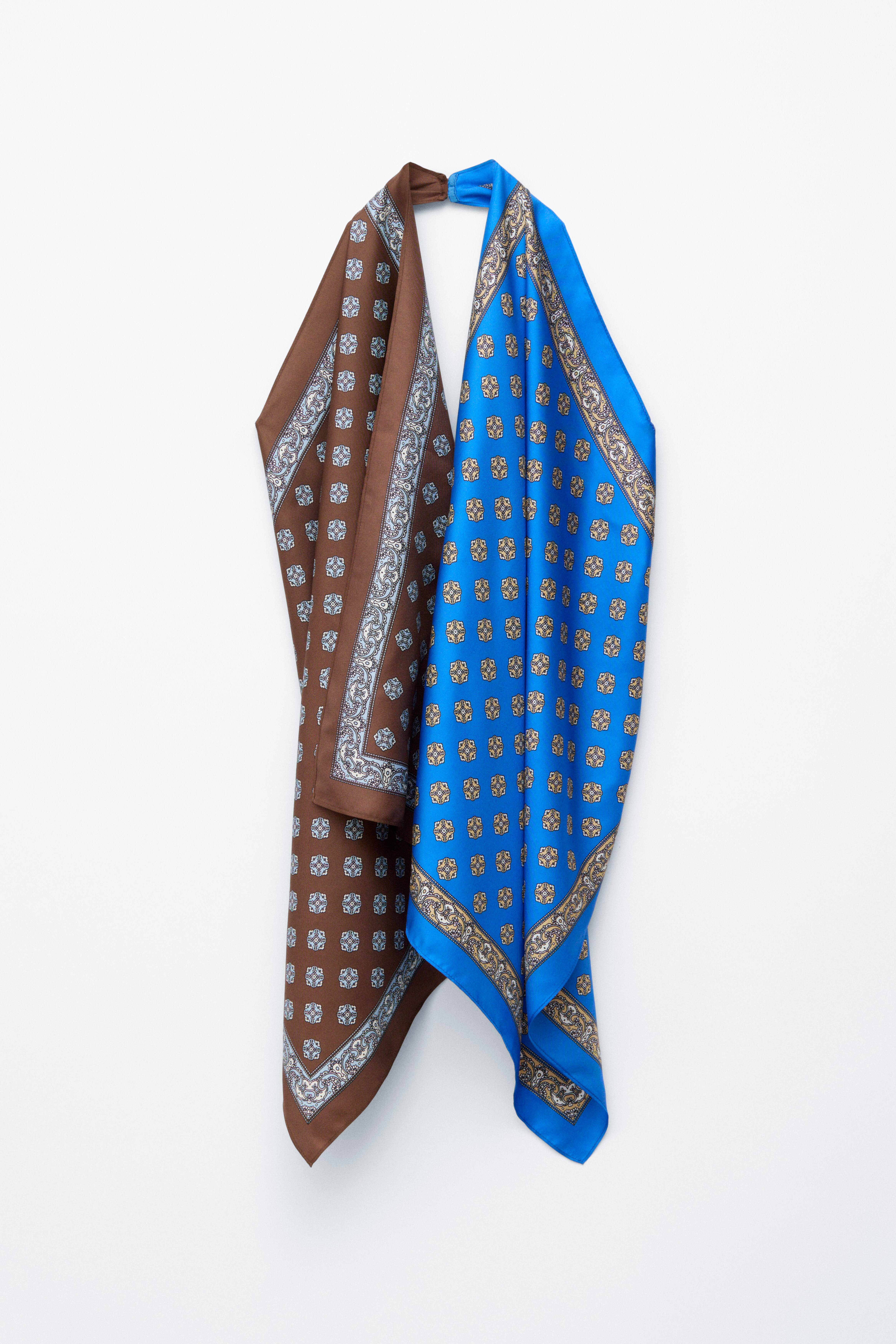 Zijden sjaaltop - Bruin/blauwe abstracte print