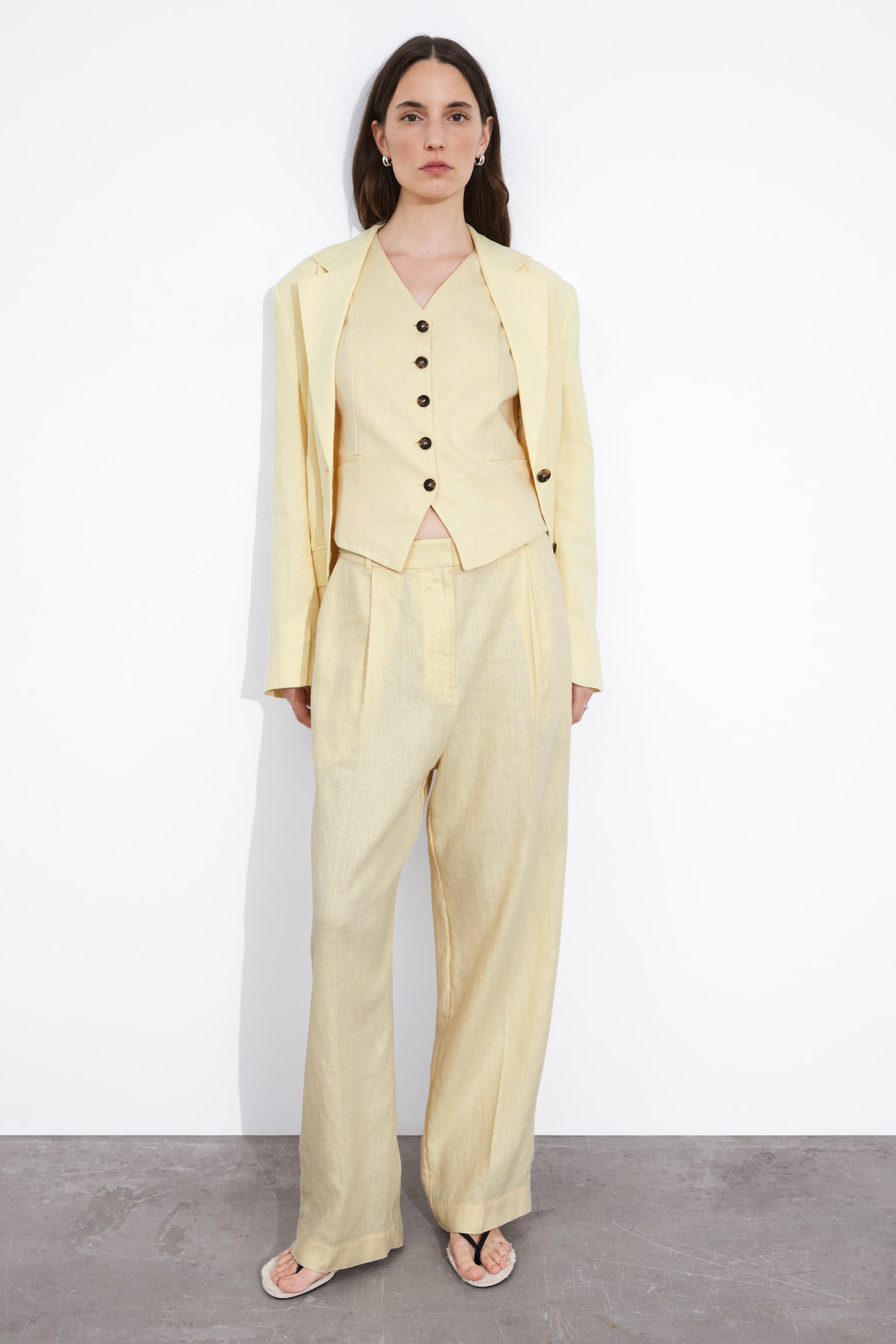 Wide Linen Trousers - Light Yellow - 1