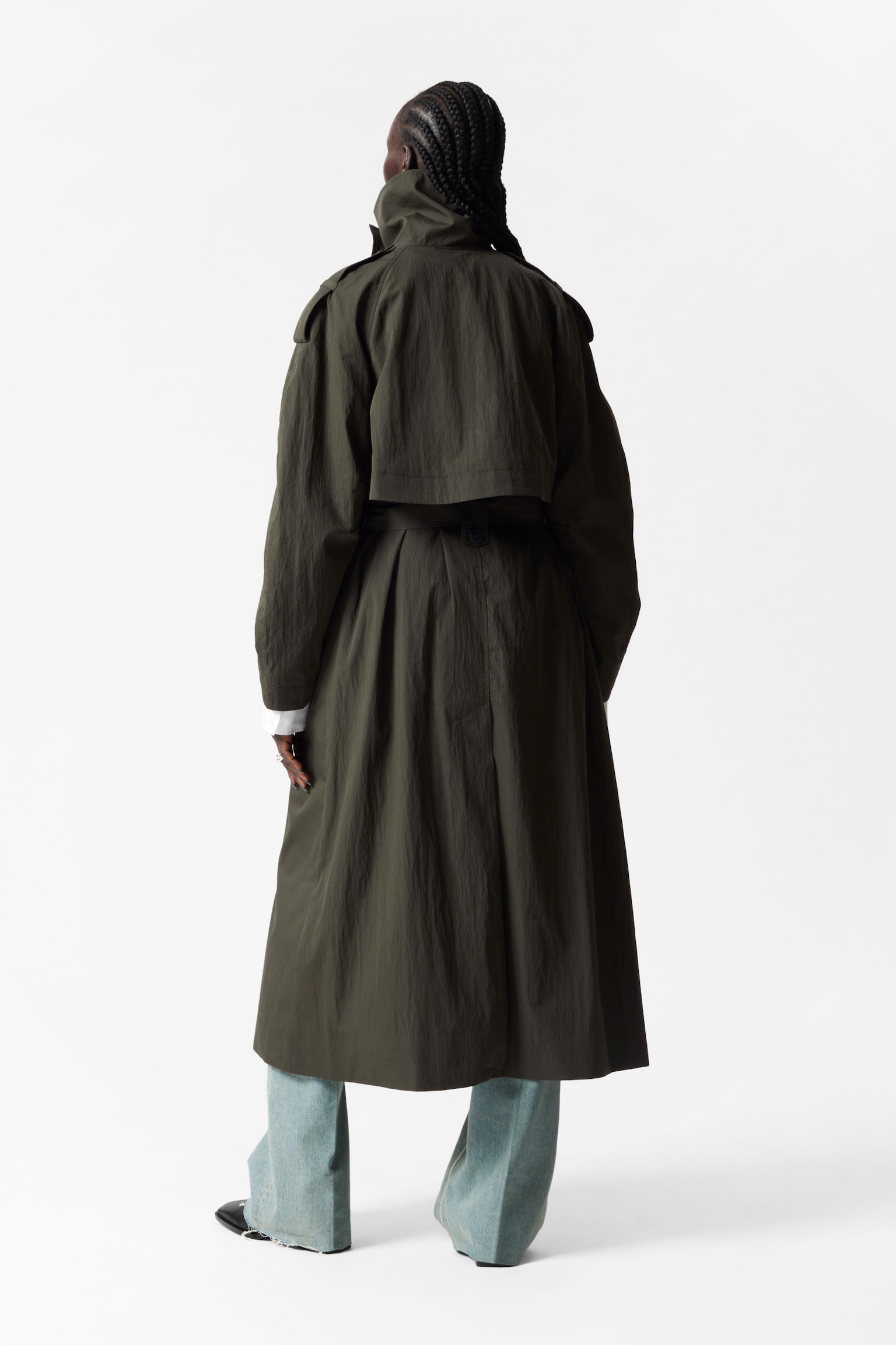 High-Collar Trench Coat - Green - 4