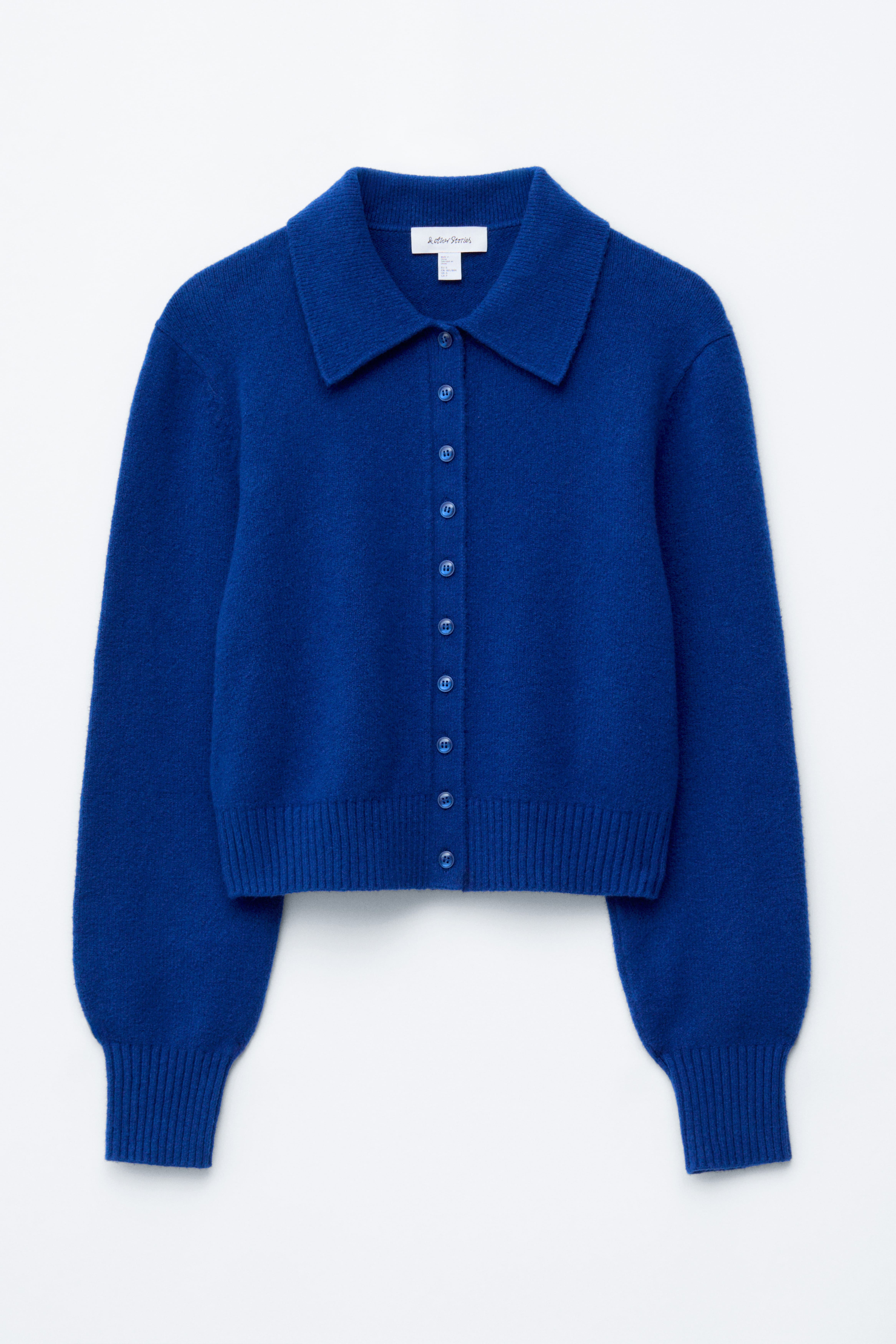 Strikket cardigan med krave - Klar blå/Hvid/Muldvarpefarvet