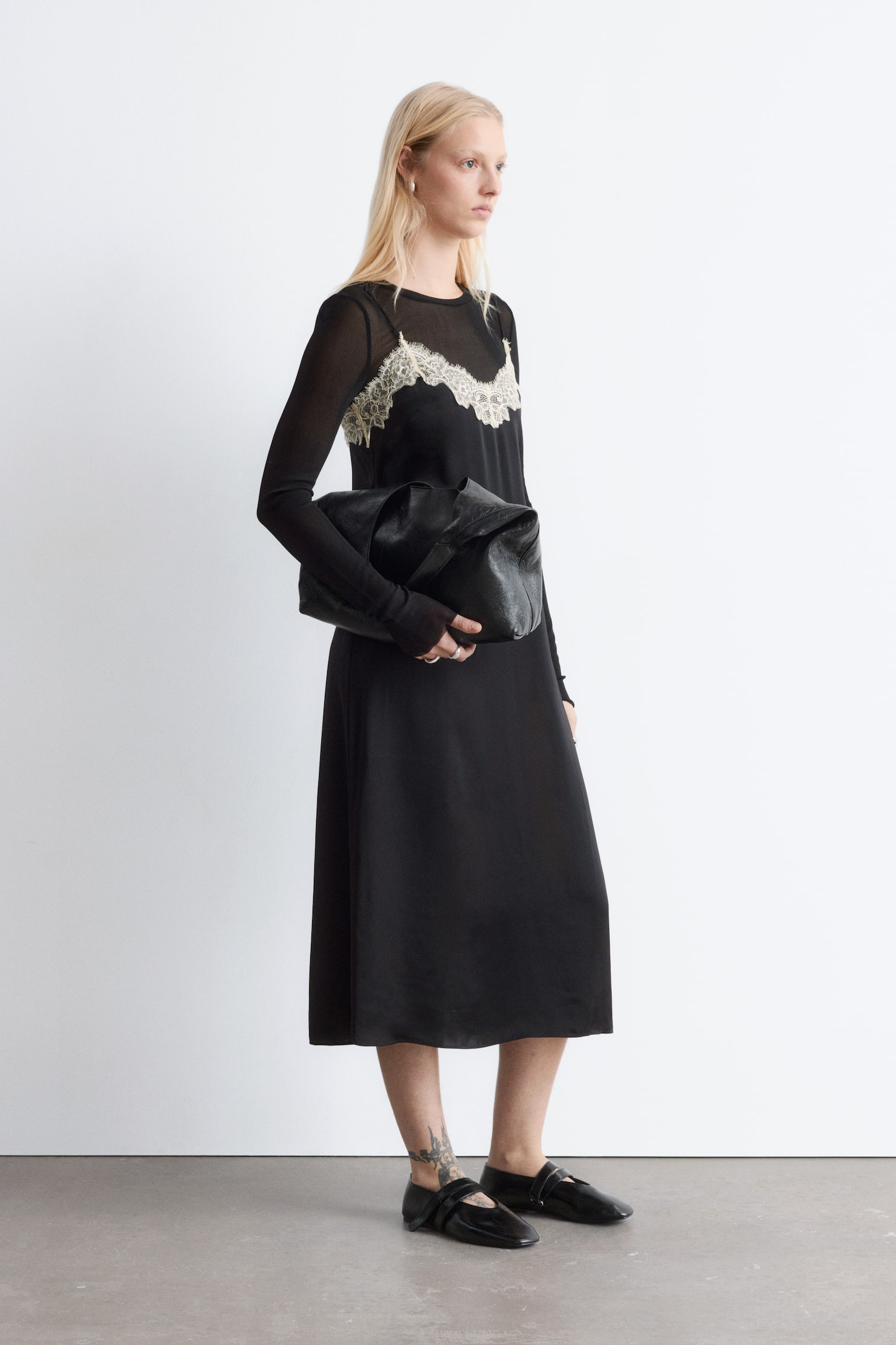 Halflange satijnen slipdress - Zwart - 10