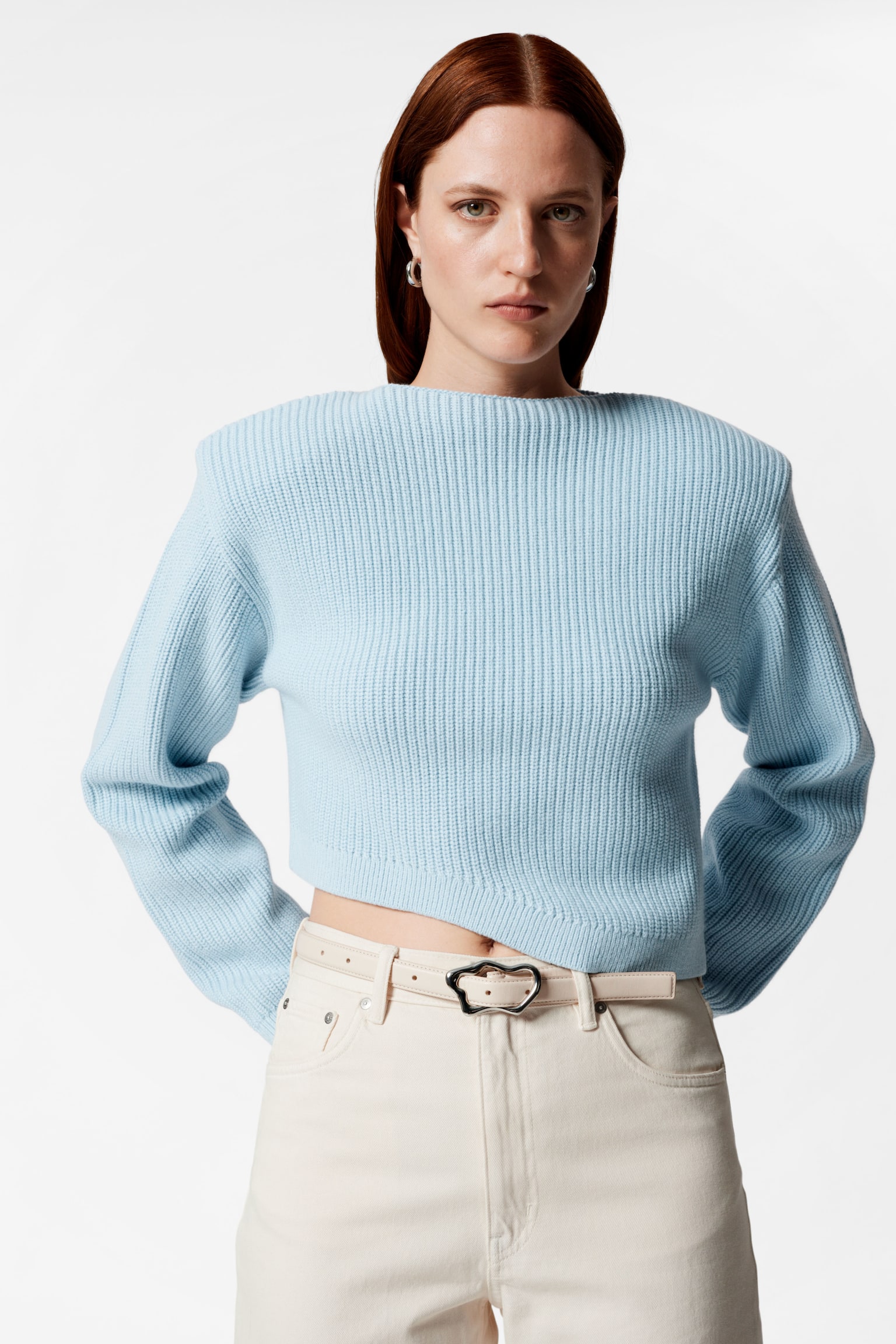 Asymmetric Rib-Knit Jumper - Light Blue/White - 1