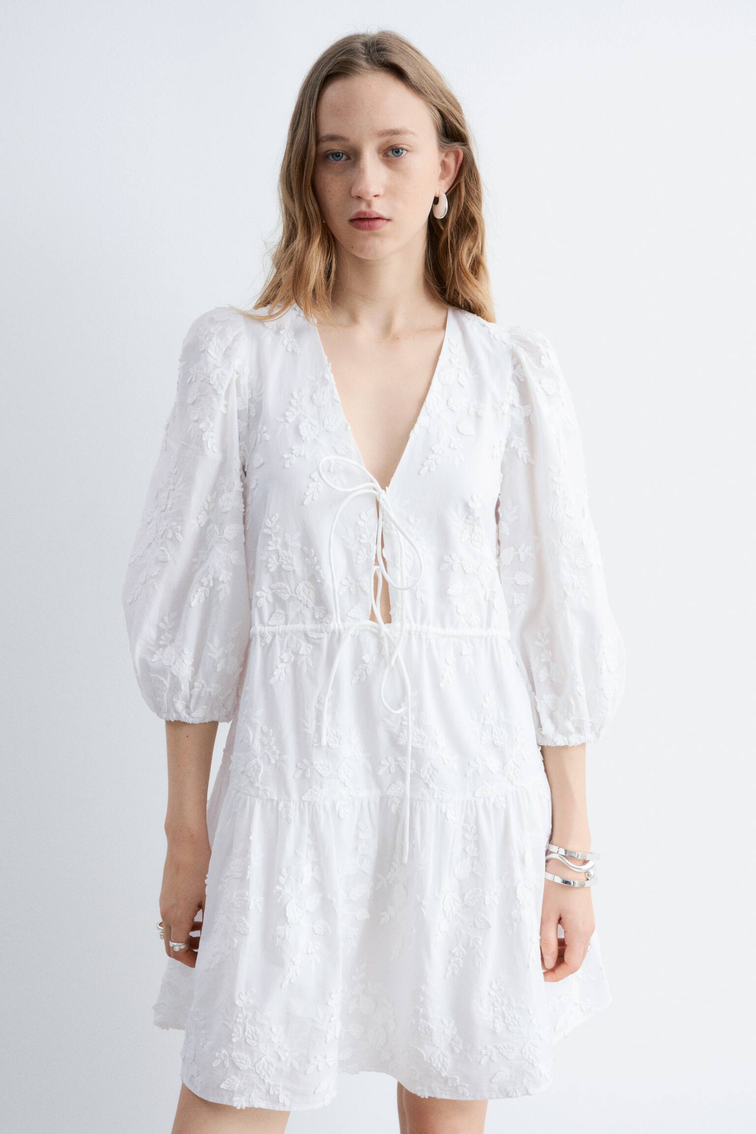Embroidered Mini Dress - White - 1
