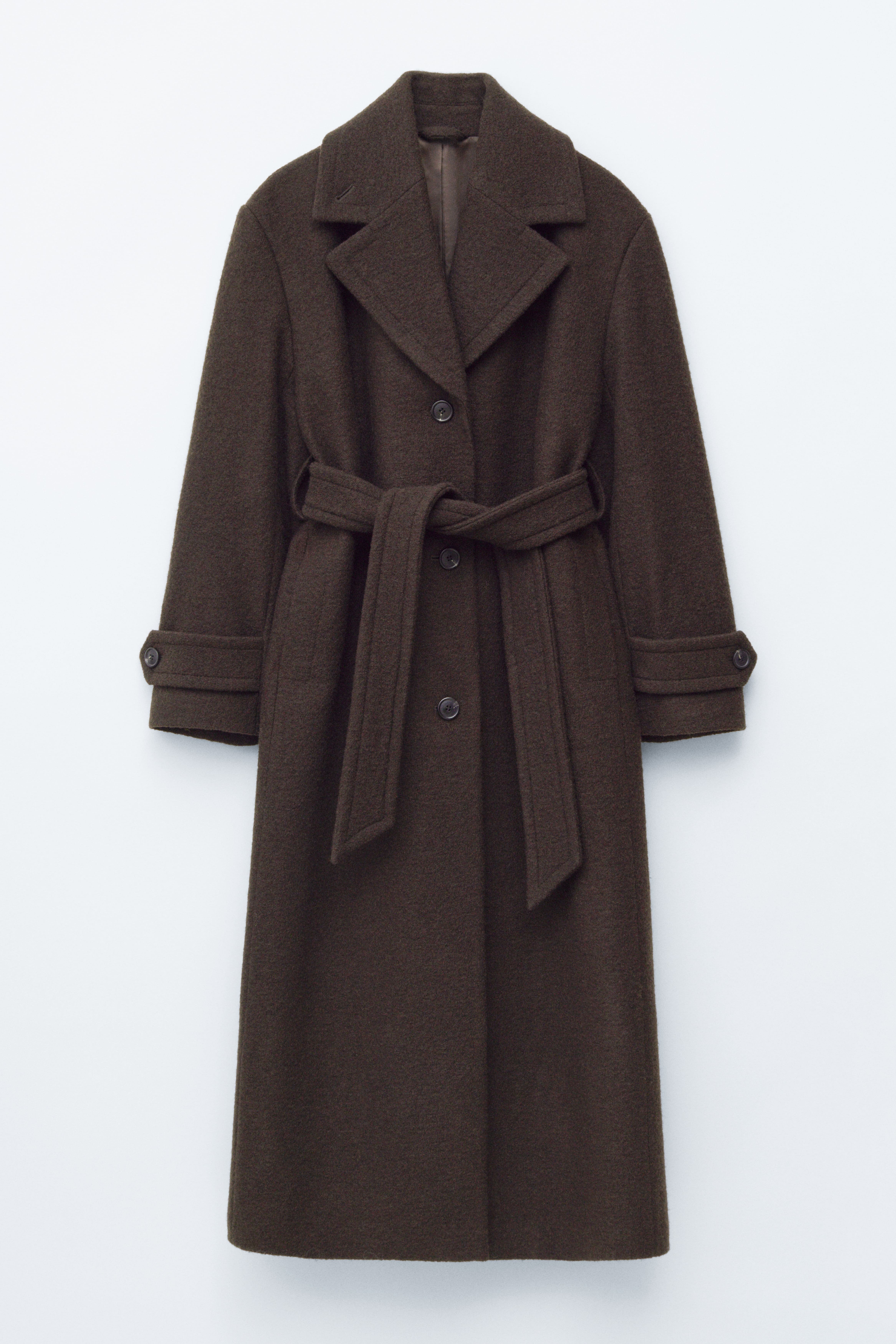 Wollmantel mit Bindegürtel - Dunkelbraun